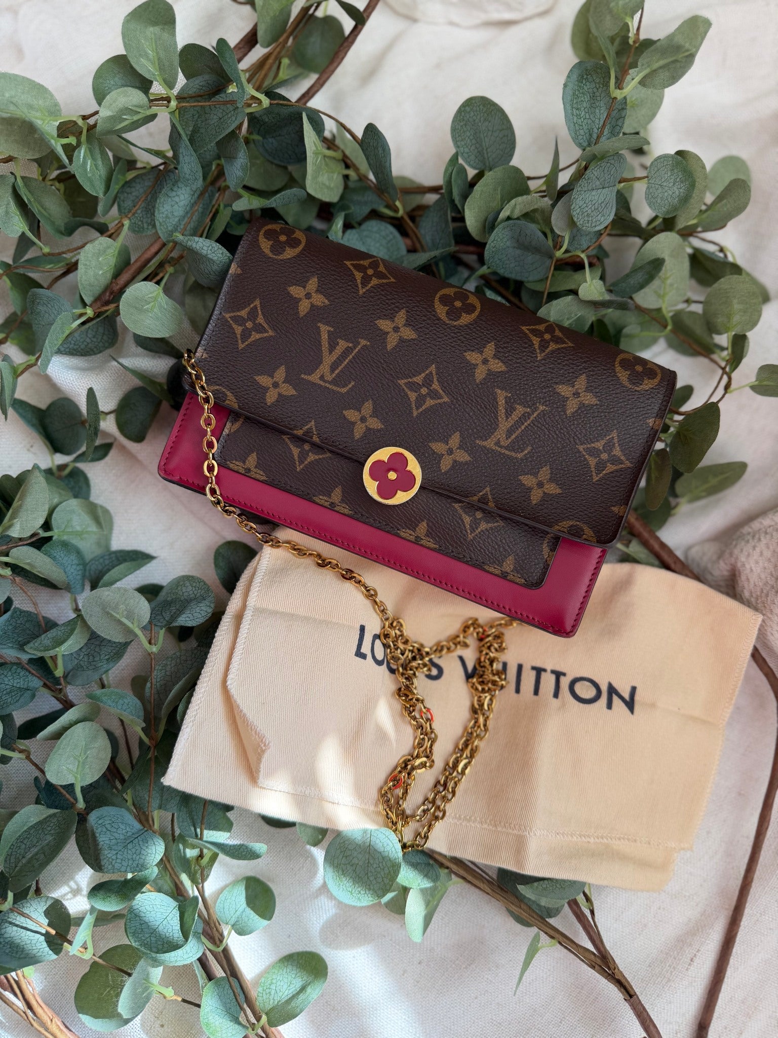 Louis Vuitton Monogram & Fuchsia Leather Flore Chain Wallet