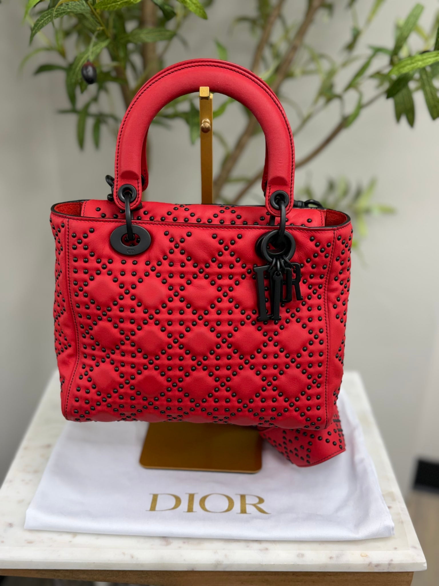 Christian Dior Red Leather Studded Cannage Medium Lady Dior Tote Bag