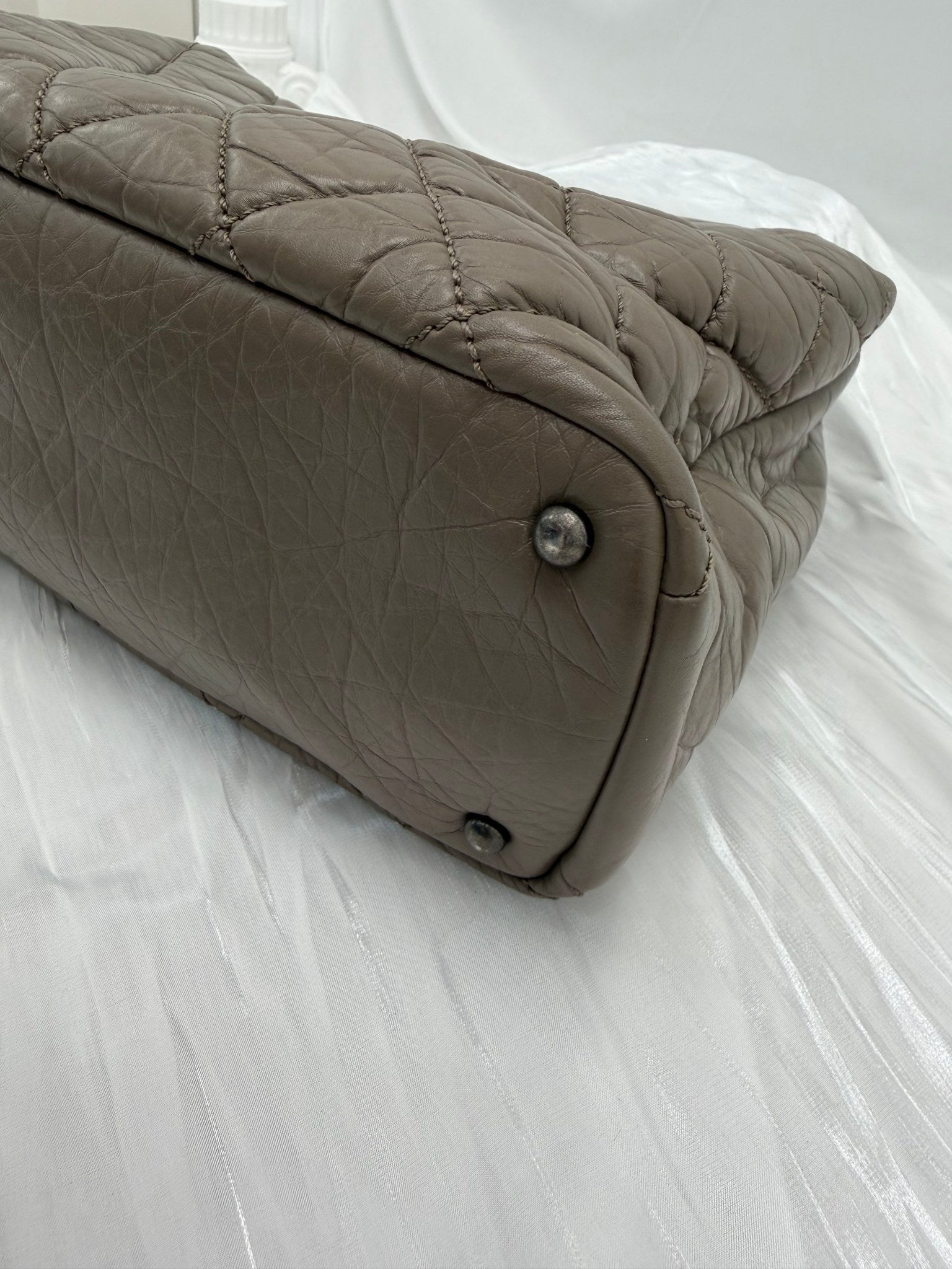 Chanel Dark Taupe Quilted Aged Calfskin & Tweed Large Portobello Top Handle Bag