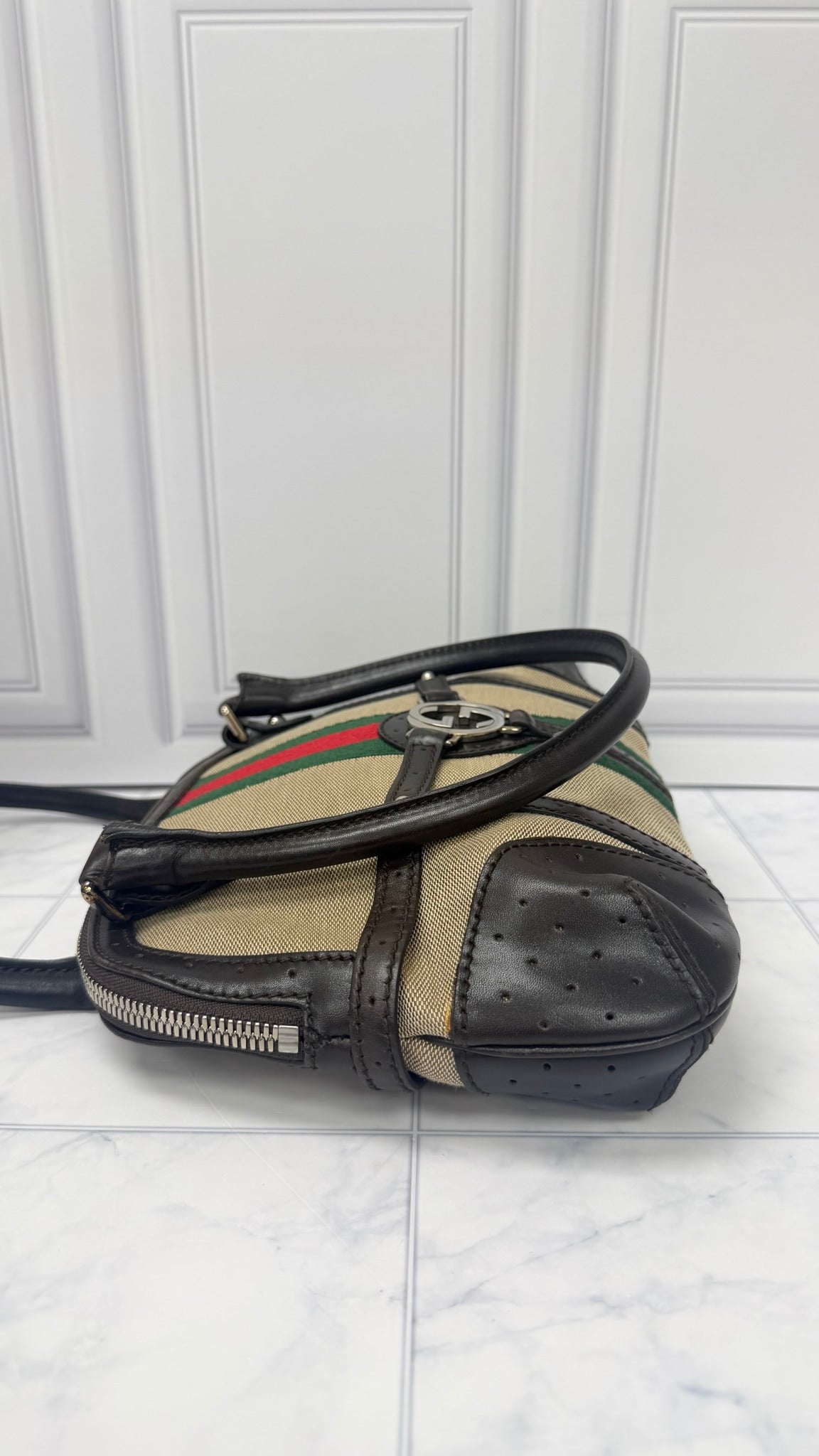 Gucci Brown Leather Beige Web Canvas shoulder bag