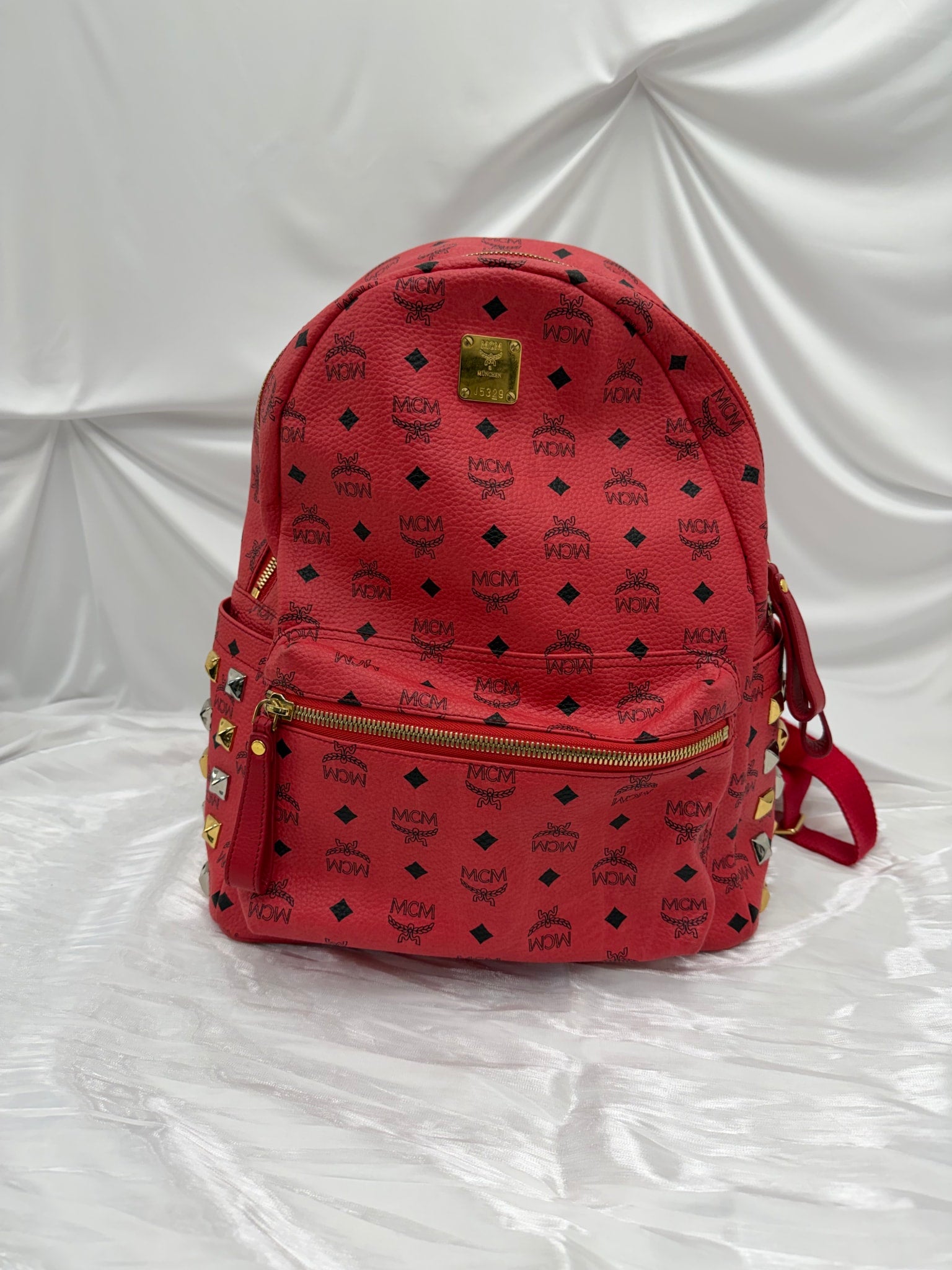 MCM Pink Visetos Leather Studded Backpack