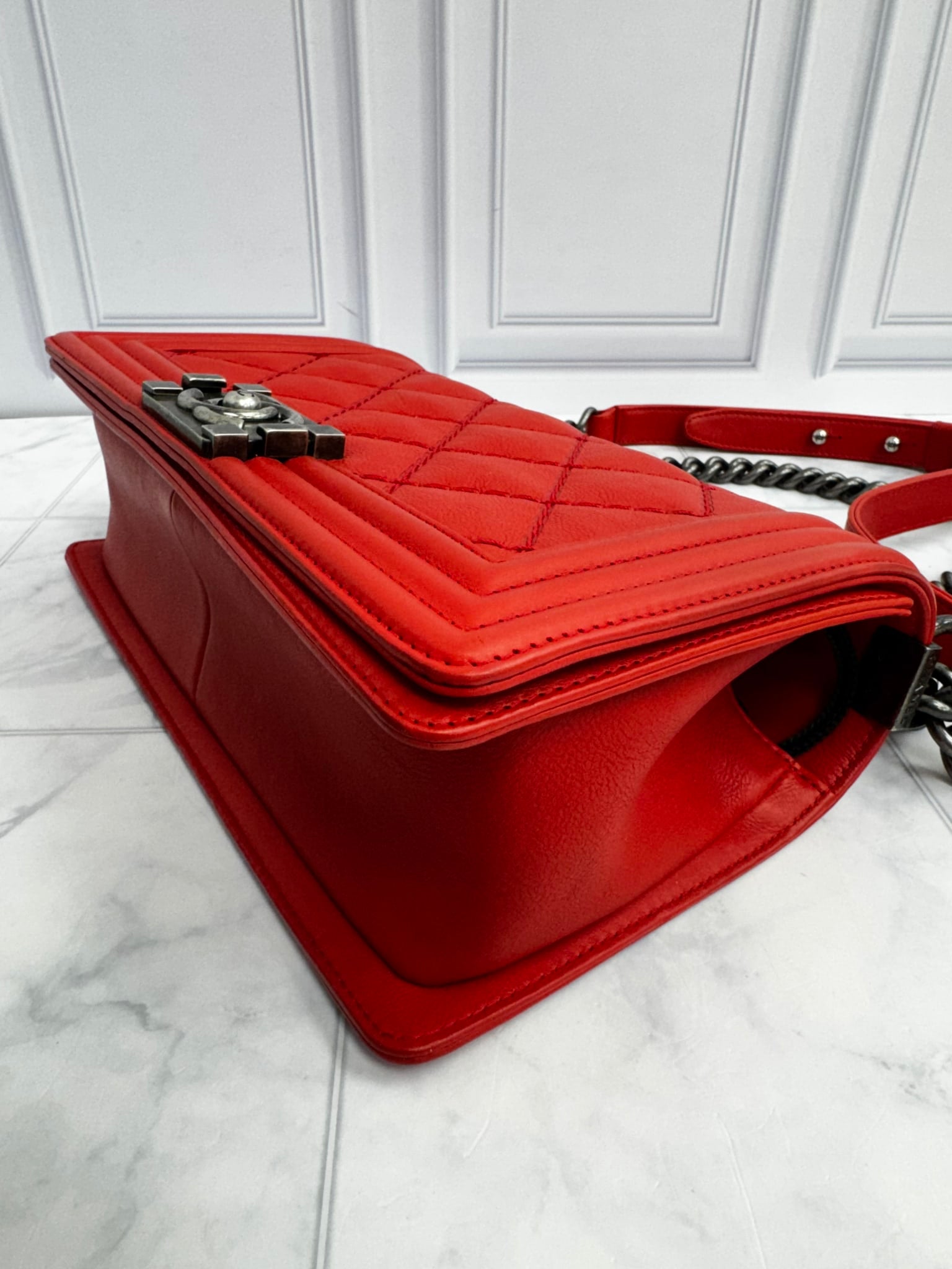 Chanel Red Calfskin Leather Wild Stitch Medium Boy Flap Bag