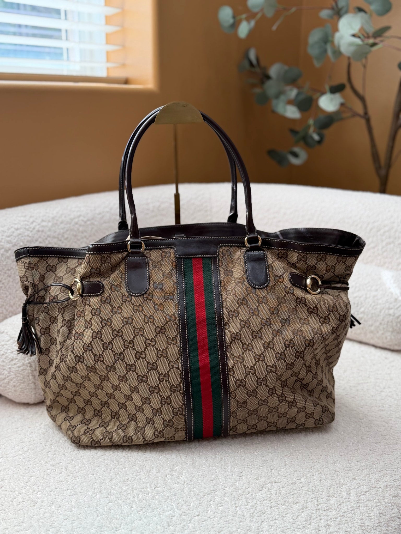 Gucci GG Canvas Tote Web Tassel Tote Bag