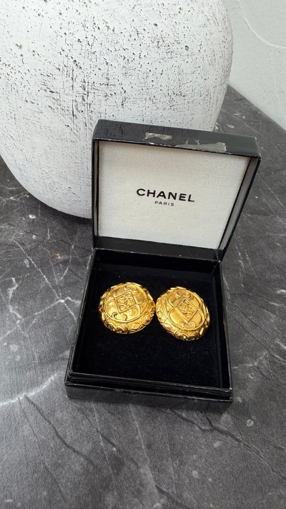 Chanel Vintage Gold Tone CC Round Coin Clip on Earrings