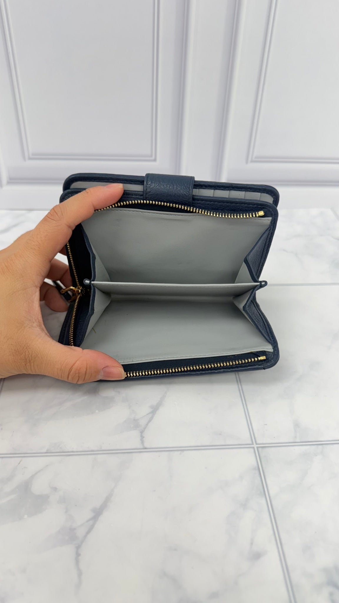 Prada Navy Blue Pebbled Leather Compact Wallet