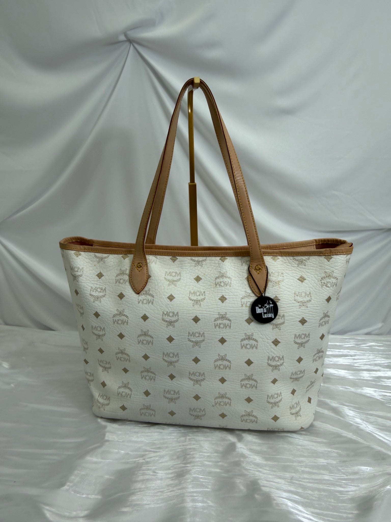 MCM Visetos Striped White Shopper Tote