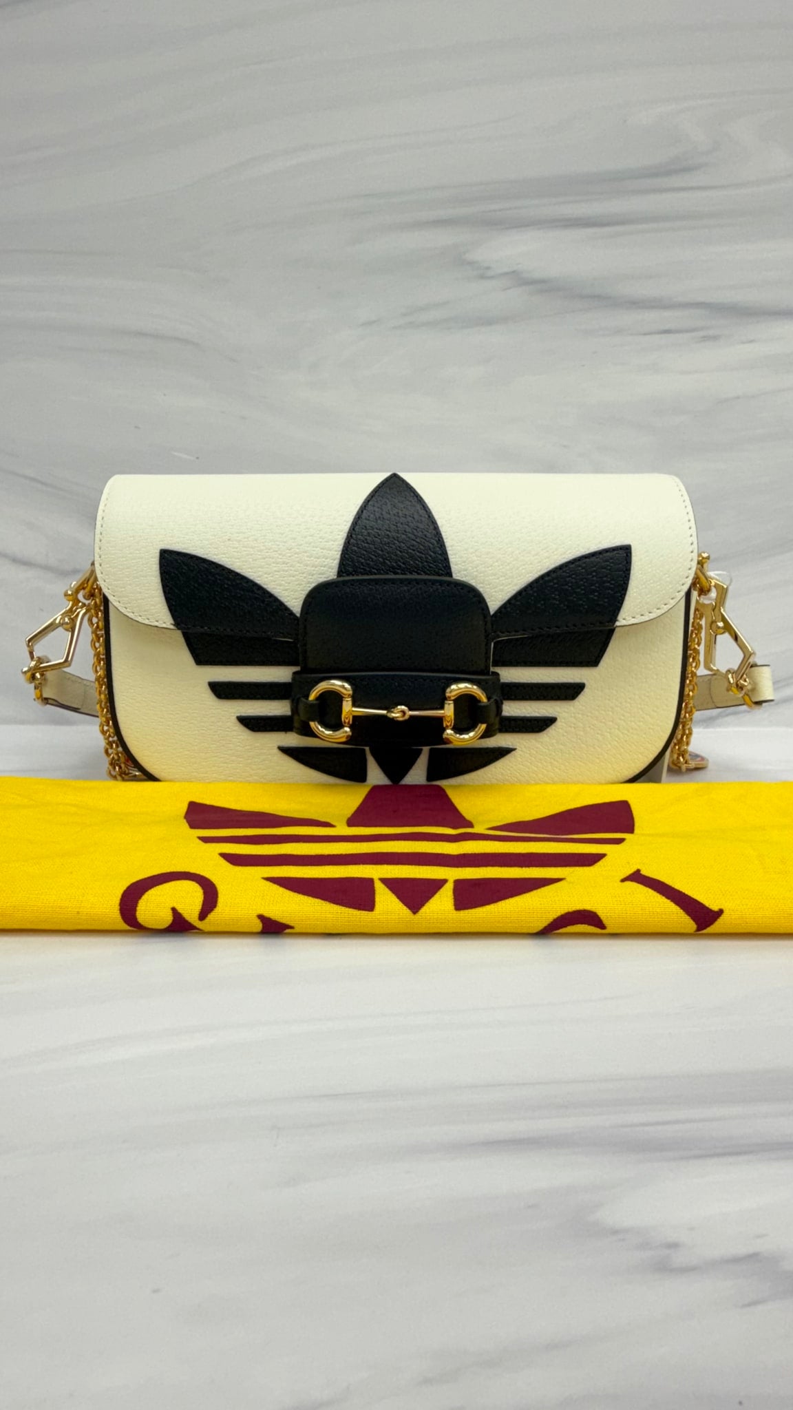 BRAND NEW - Gucci x Adidas White And Black Leather 1955 Horsebit Handbag