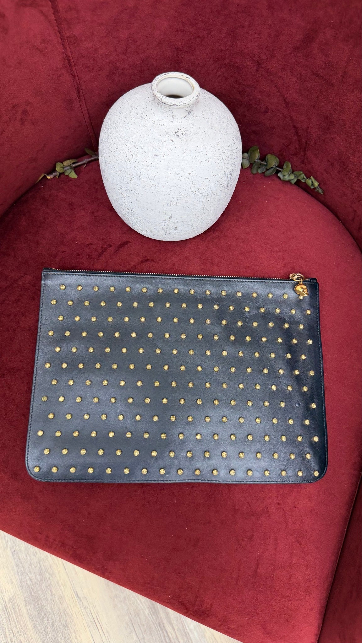 Alexander McQueen Black Leather & Gold Studded Zip Clutch