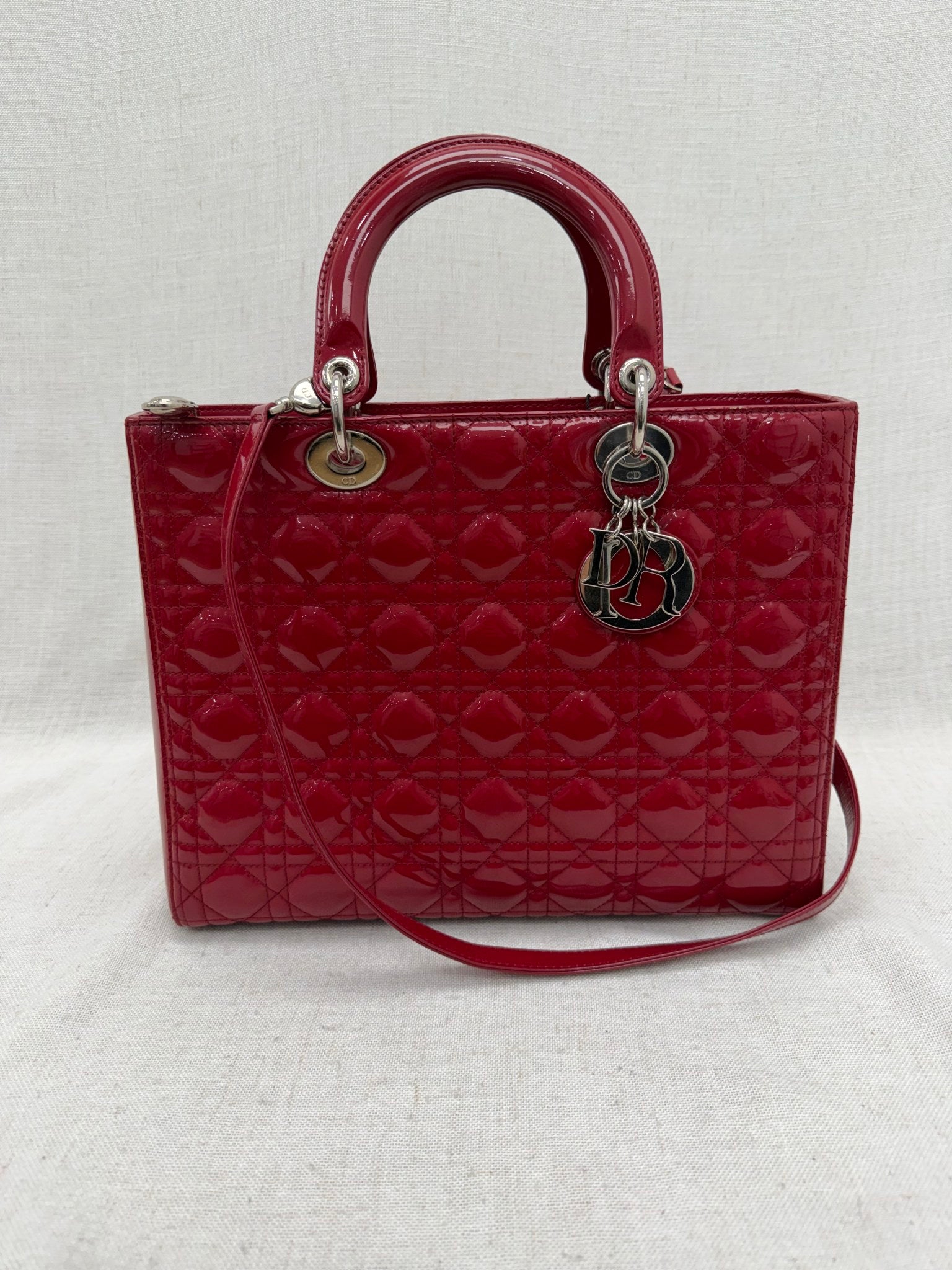 Christian Dior Dark Red Cannage Patent Leather Large Lady Dior Handbag