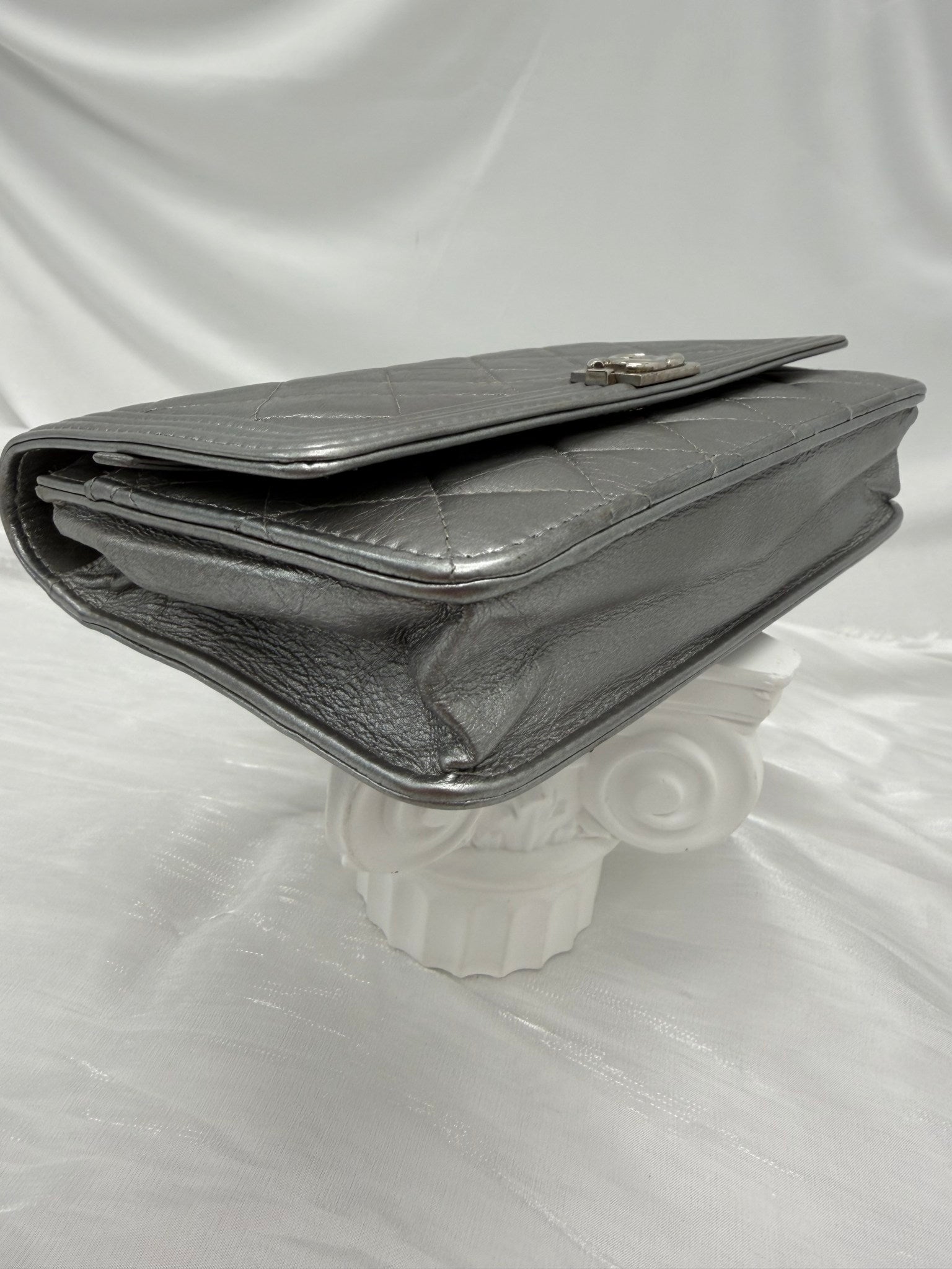 Chanel Silver Quilted Calfskin Boy Wallet on a Chain