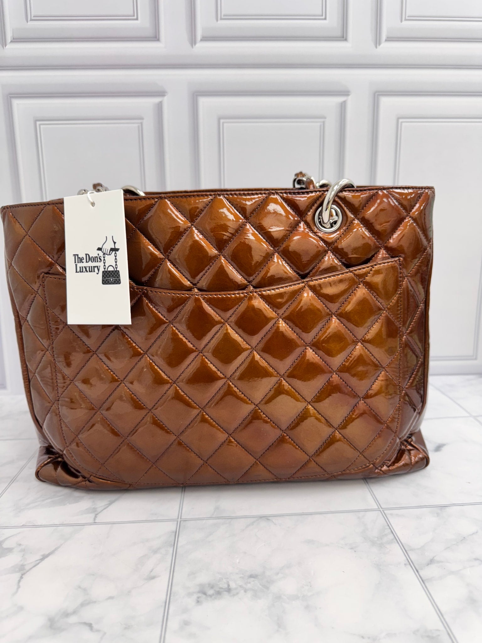 Chanel Bronze Quilted Patent Leather Grand Shopping Tote
