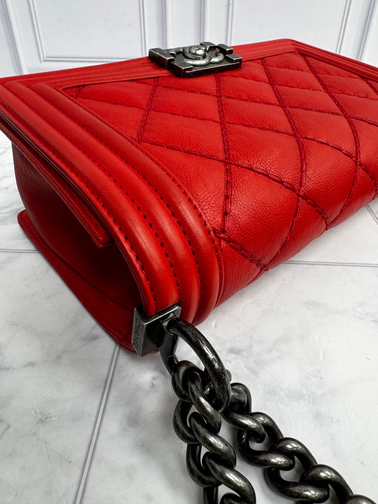 Chanel Red Calfskin Leather Wild Stitch Medium Boy Flap Bag
