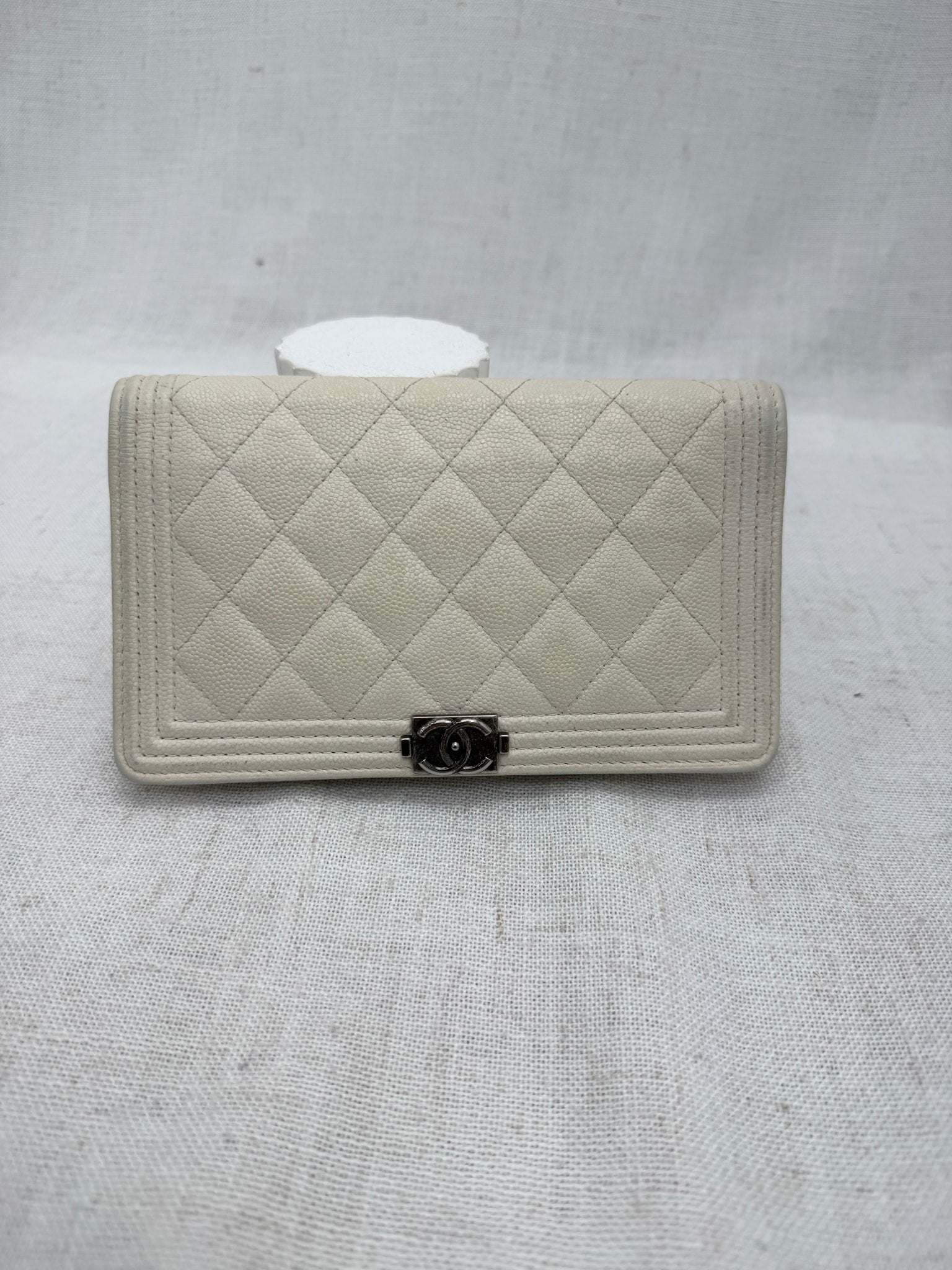 Chanel Ivory Caviar Leather Boy Long Wallet