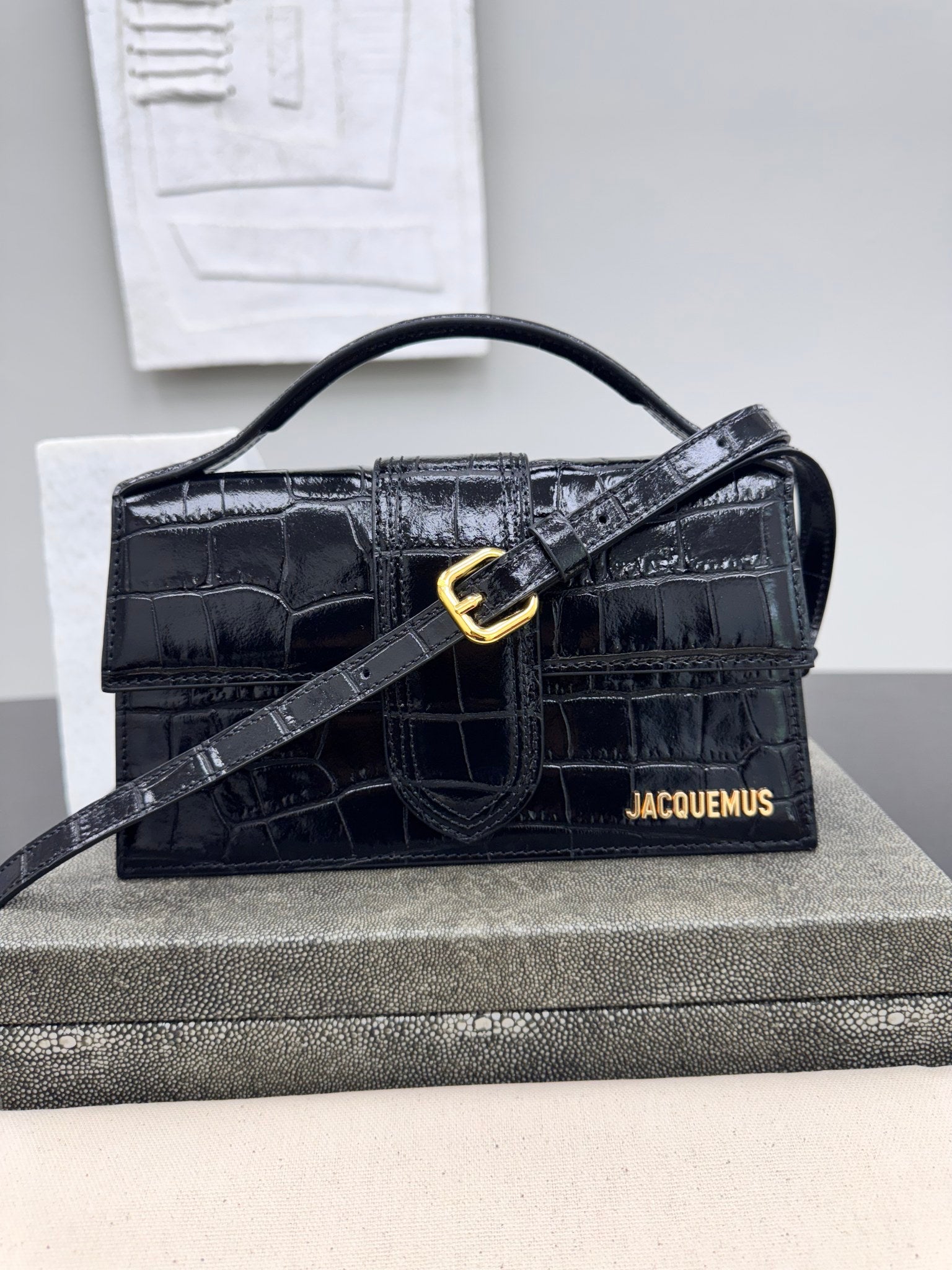 BRAND NEW - Jacquemus Black Croc Embossed Leather Le Bambino Handbag 2Way Handbag
