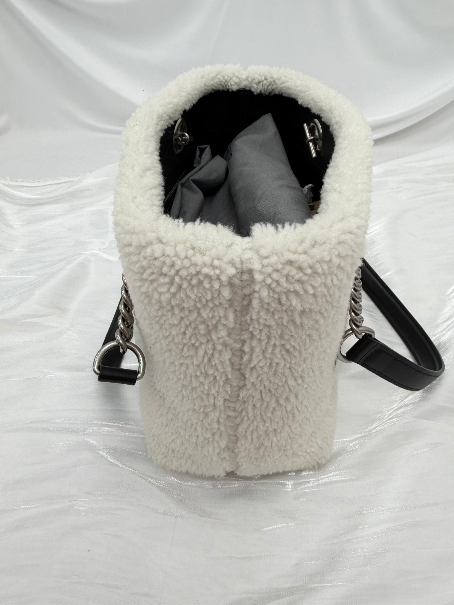 Balenciaga White & Black Shearling Shoulder Tote