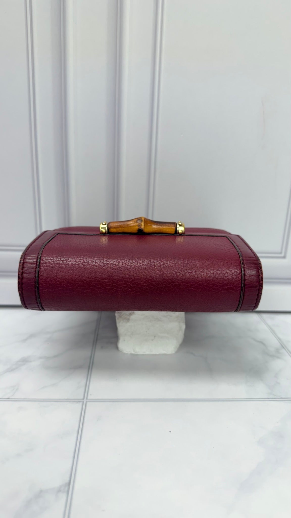 Gucci Burgundy Grained Leather Bamboo Trifold Wallet
