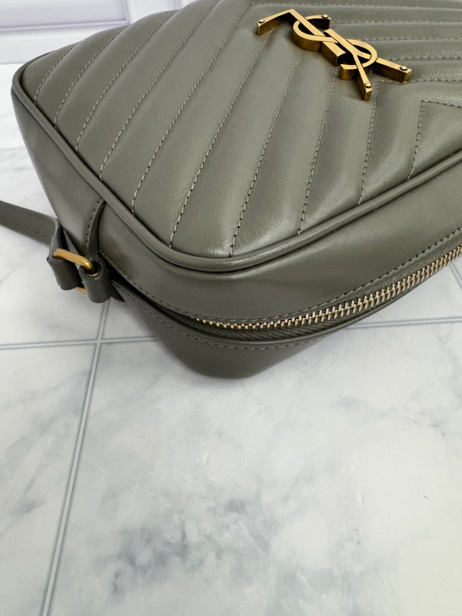 LIKE NEW - Saint Laurent YSL Grey Chevron Quilted Leather Lou Camera Bag
