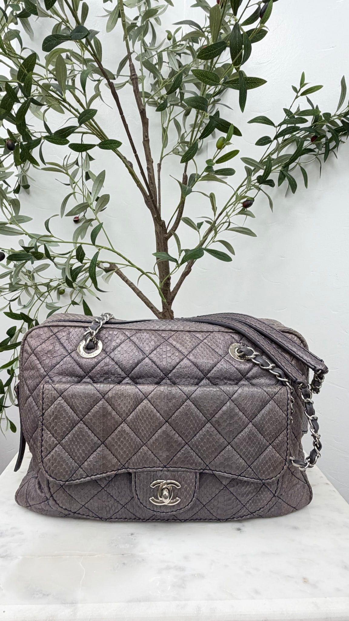 Chanel Grey Python Quilted Leather Handbag