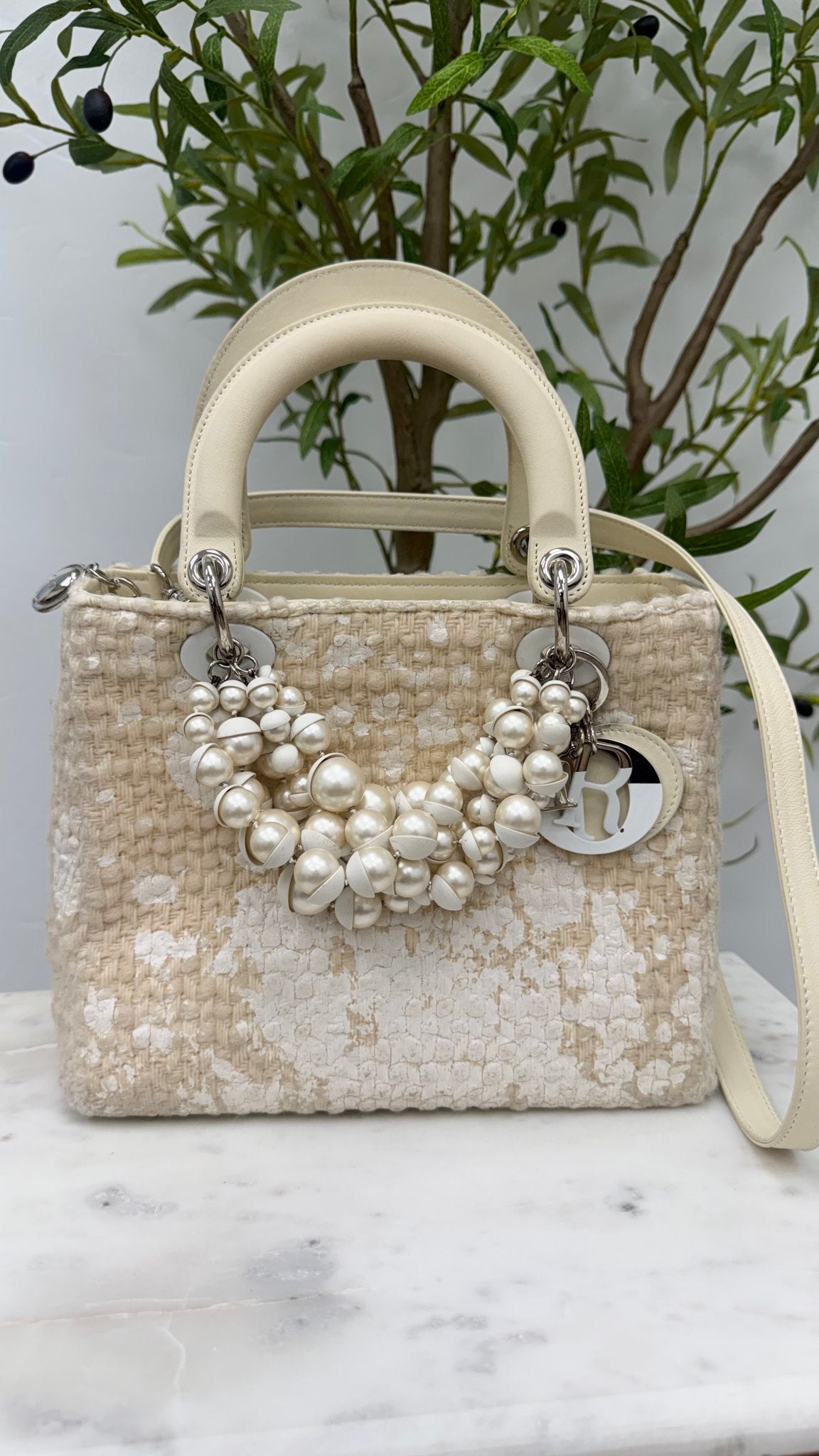 Christian Dior Ivory Tweed And Pearl Lady Dior Handbag