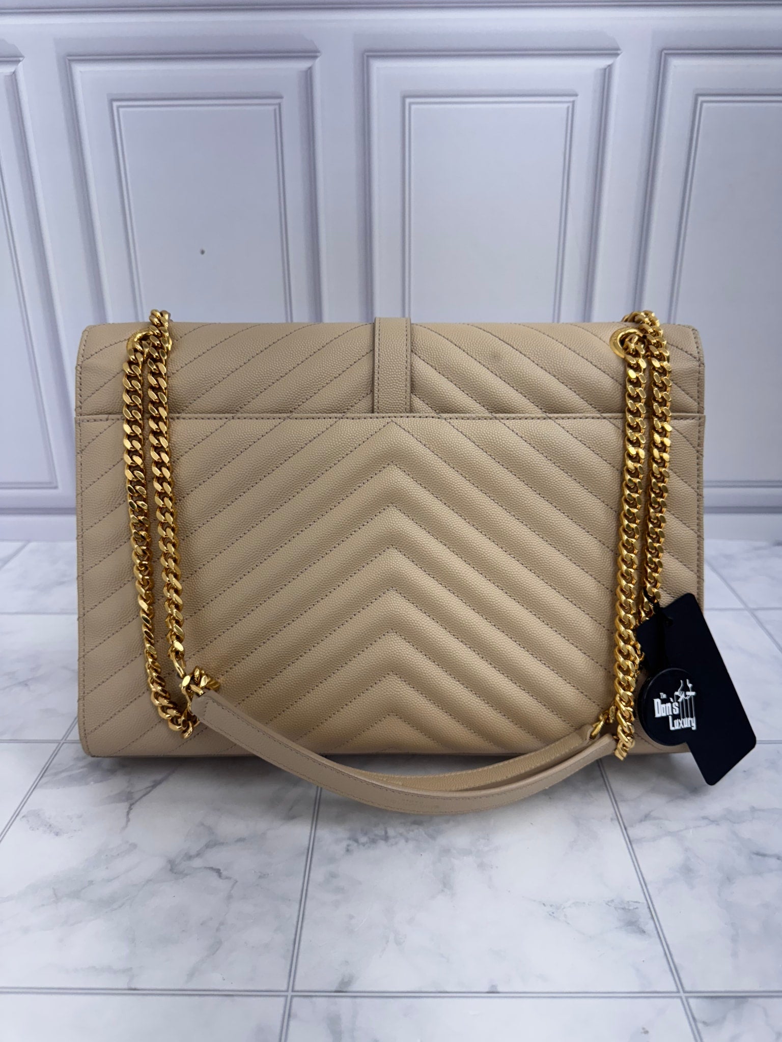 Saint Laurent YSL Beige Chevron Quilted Caviar Leather Large Monogram Envelope Chain Bag