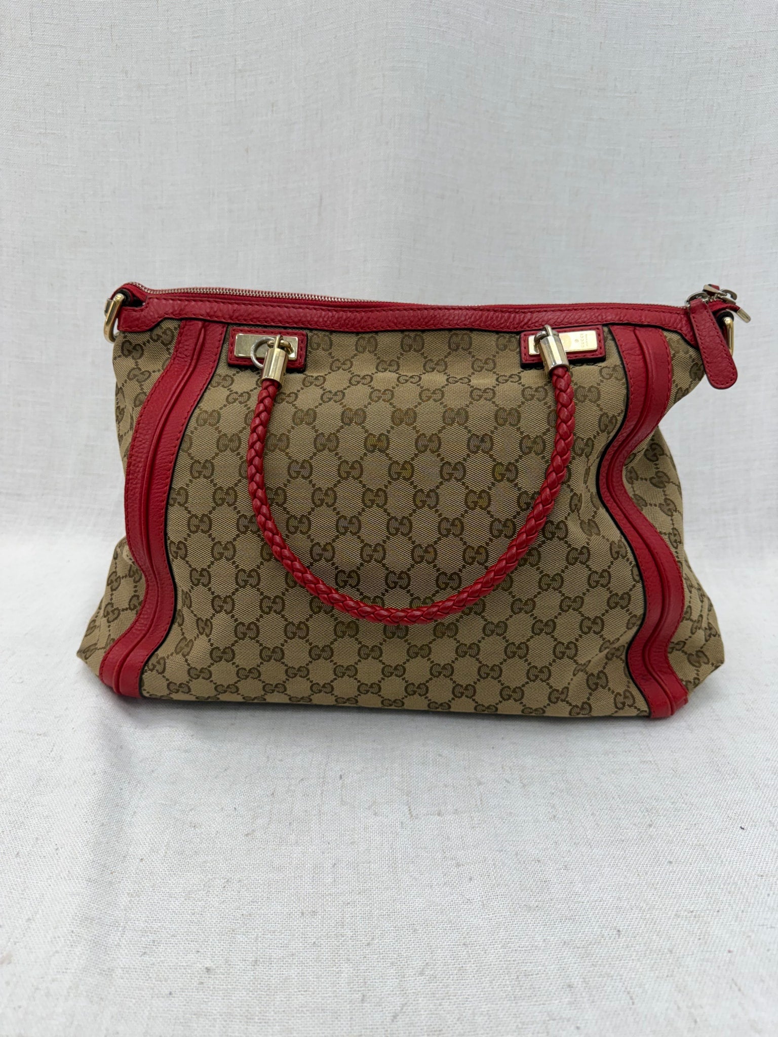 Gucci GG Canvas & Red Leather Bella Shoulder Tote