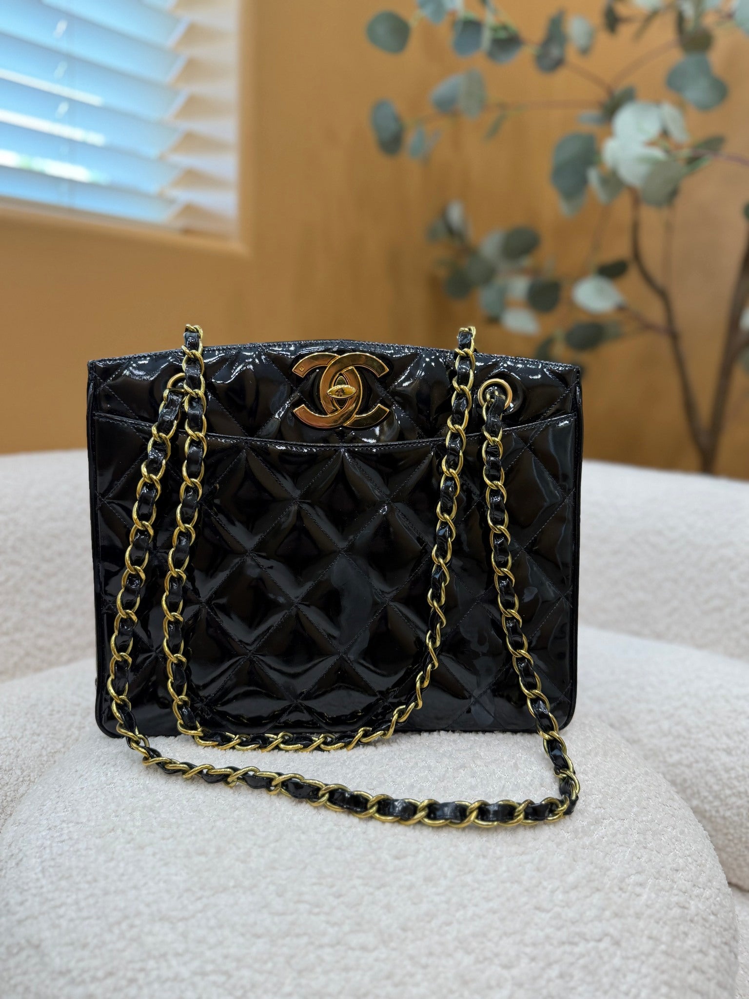 Chanel Black Patent Leather 24K XL Turnlock Chain Tote