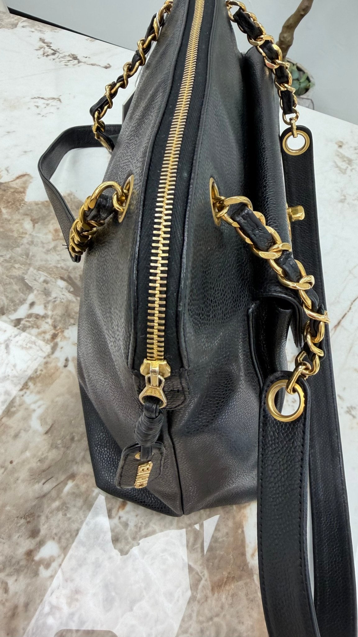 Chanel Vintage 24k Black Caviar Shoulder Chain Tote