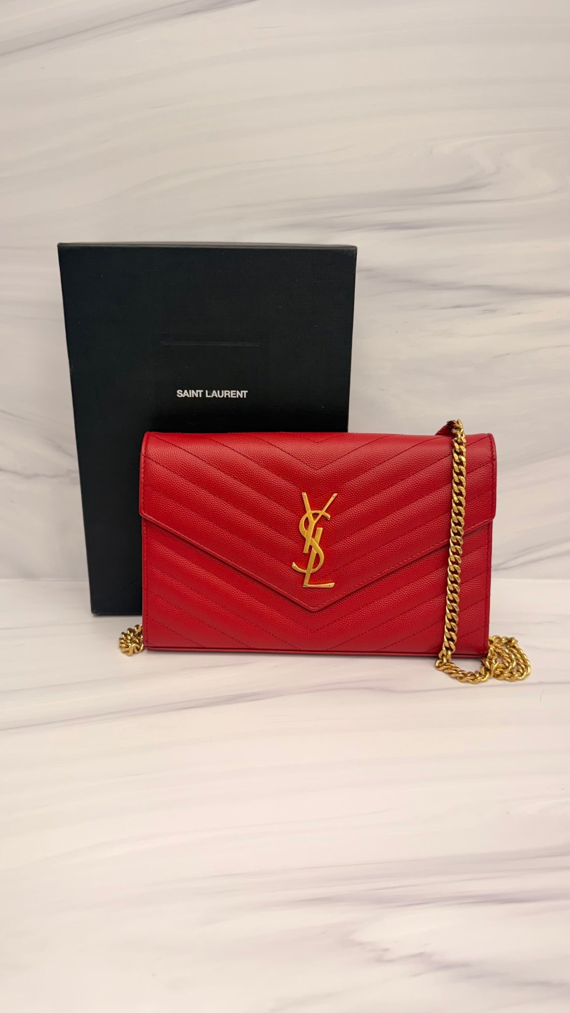 Saint Laurent YSL Red Grained Leather Wallet on A Chain