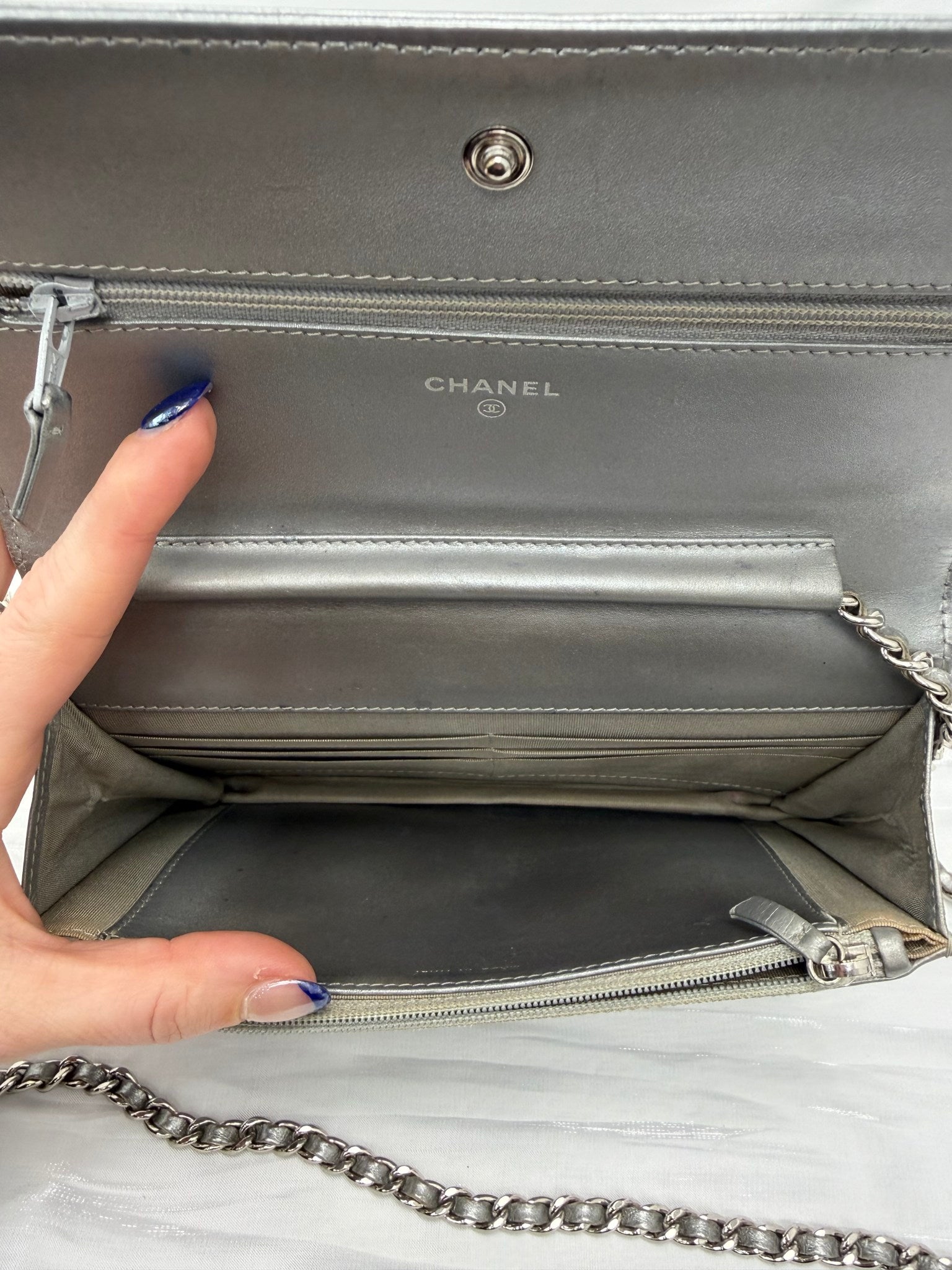 Chanel Silver Quilted Calfskin Boy Wallet on a Chain