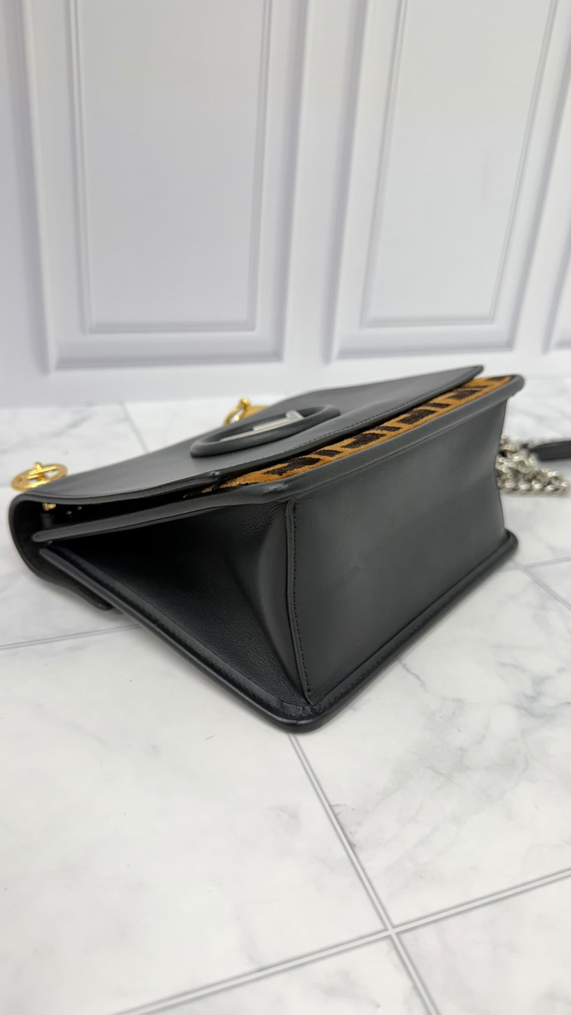 Fendi Black Leather Brown Zucca Velvet Kan I F Shoulder Bag