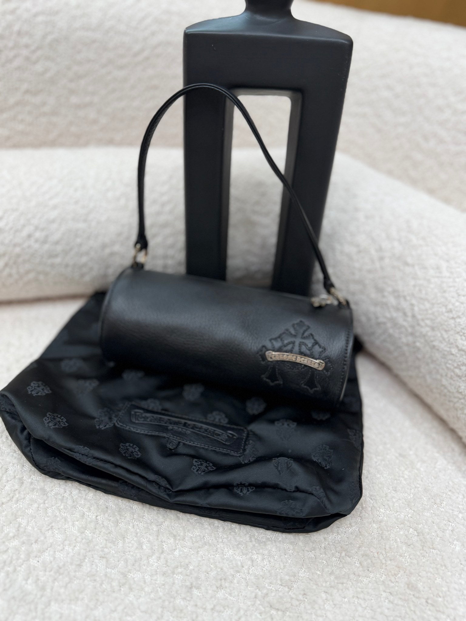 BRAND NEW- Chrome Hearts Black Leather Grinds Cemetery Cross Tube Bag