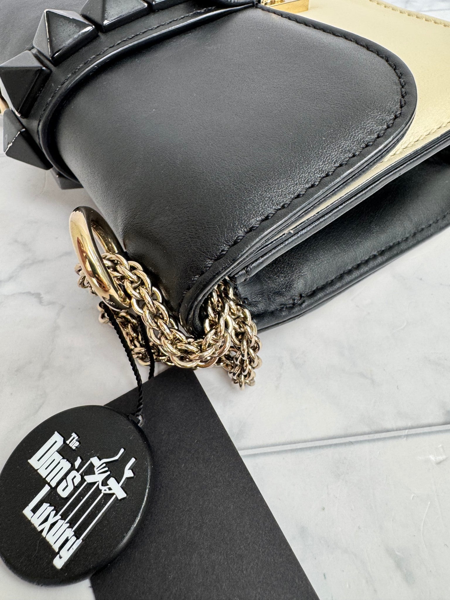 Valentino Beige And Black Leather Rockstud Glam Lock Shoulder Bag