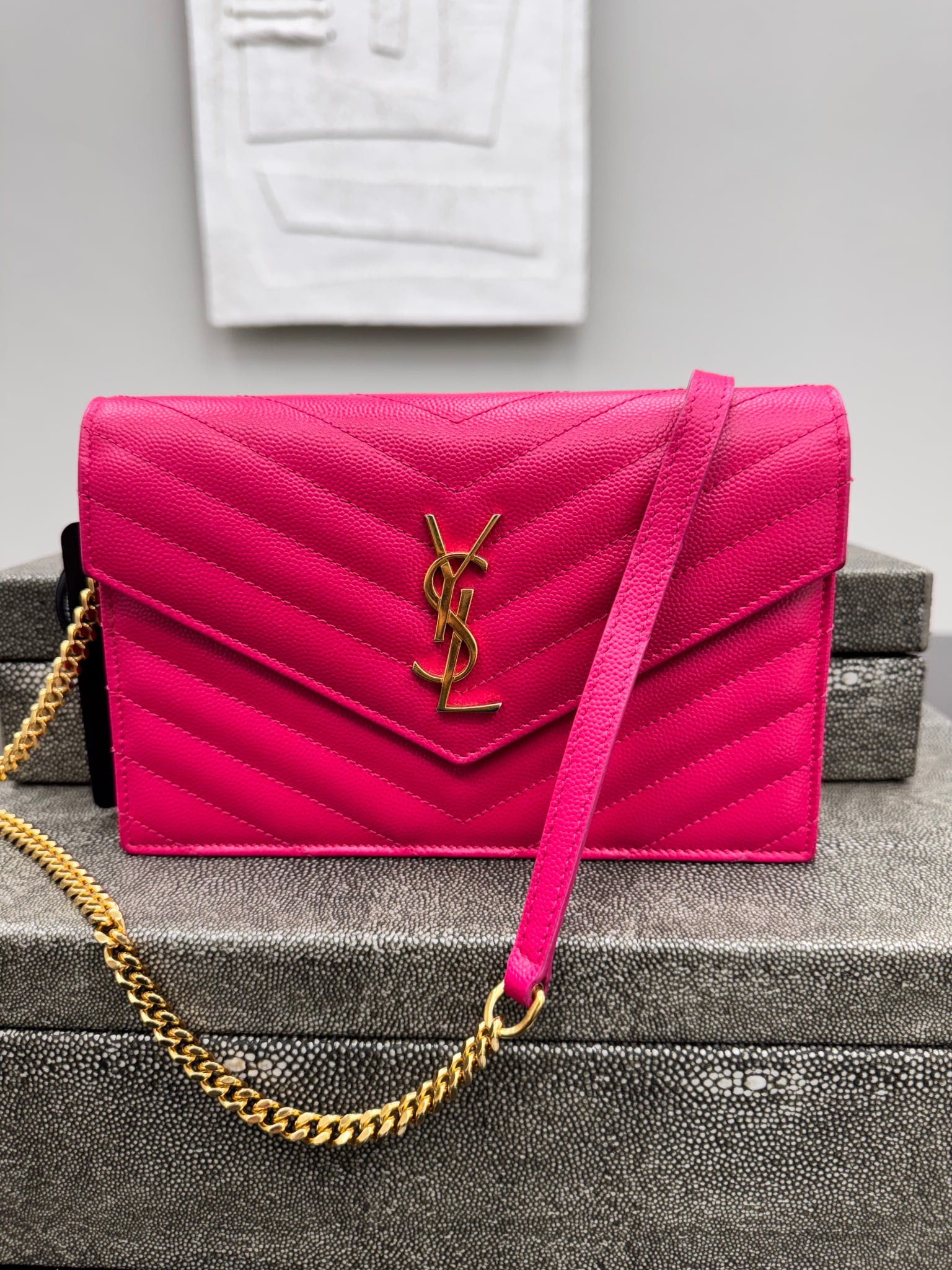Saint Laurent YSL Pink Chevron Quilted Pebbled Leather Small Envelope Wallet On A Chain