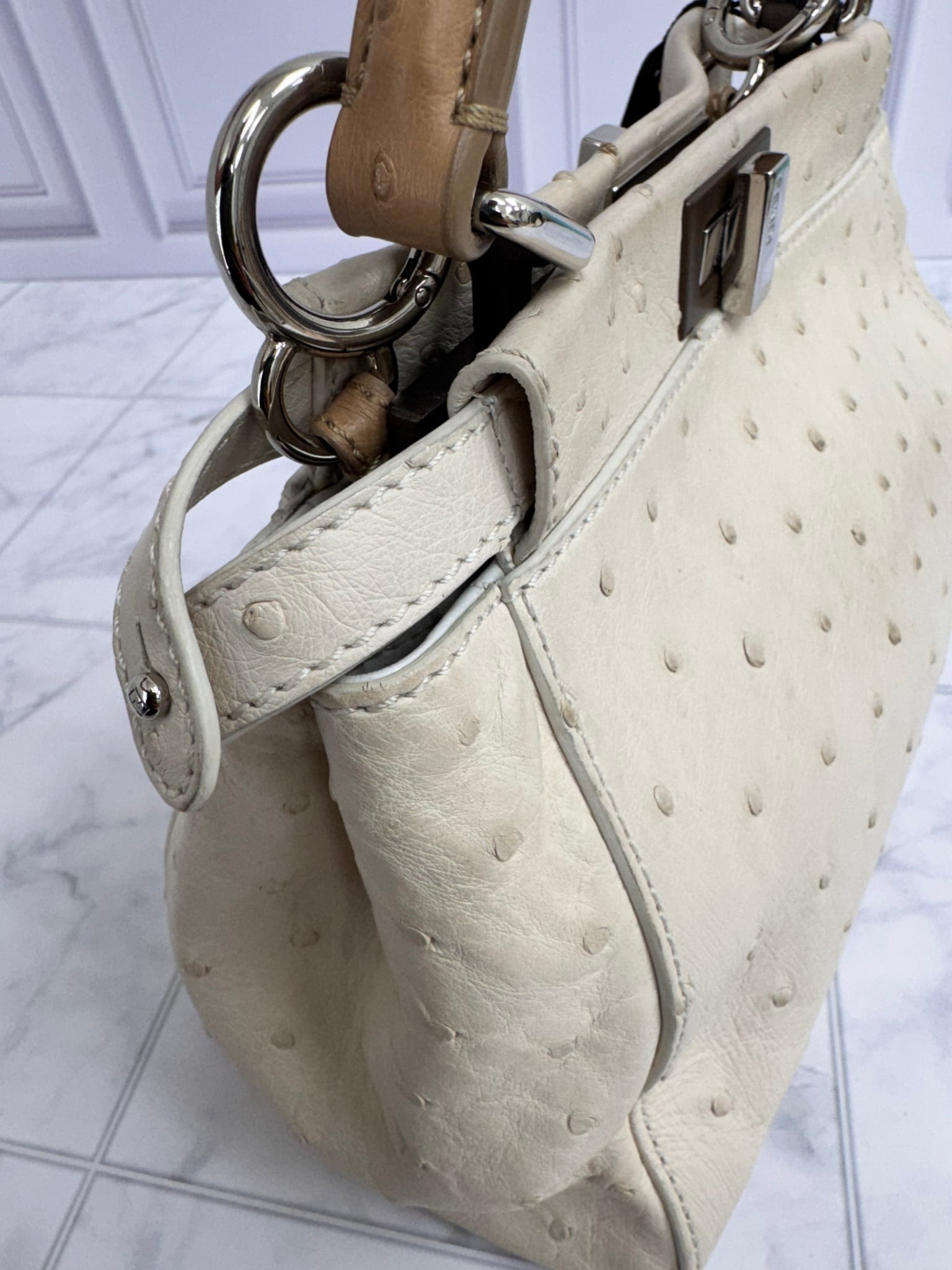 Fendi Beige Ostrich Peekaboo Iconic Mini 2 Way Bag
