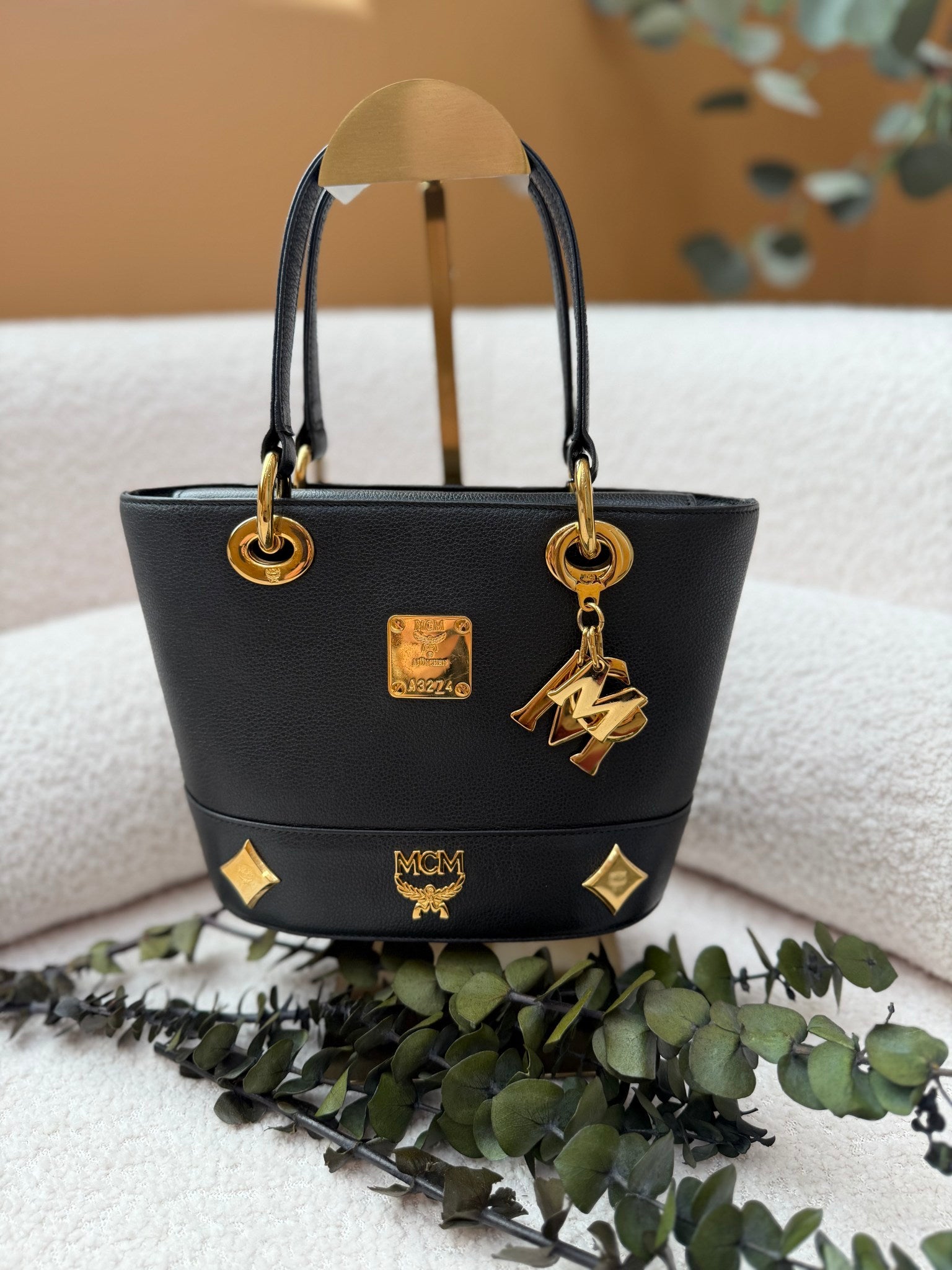 Mcm Black Leather Bucket Bag