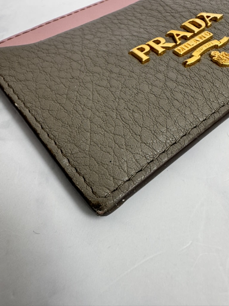 Prada Grey And Pink Grained Leather Card Holder