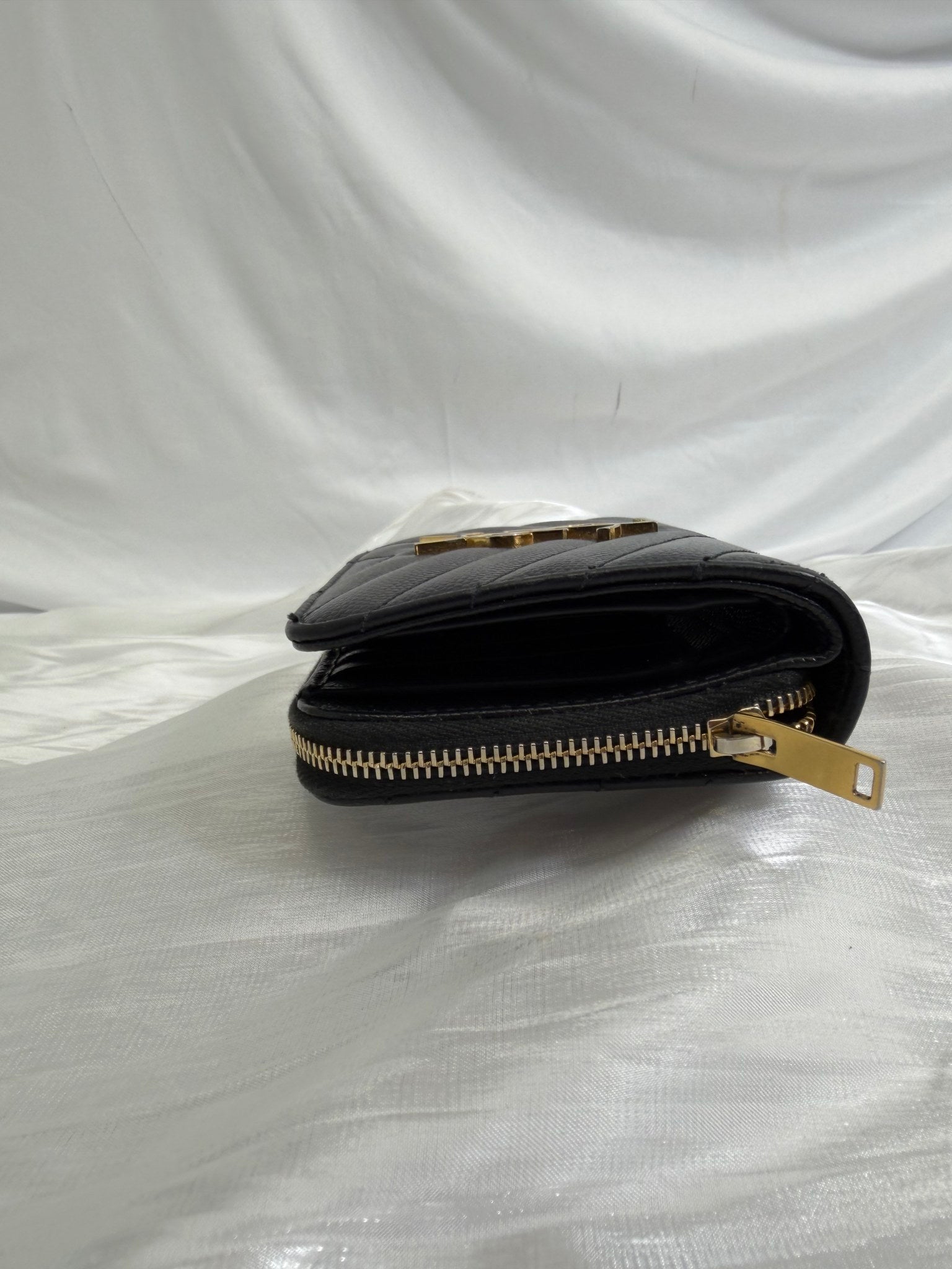 Saint Laurent YSL Black Pebbled Leather Compact Zip Around Wallet