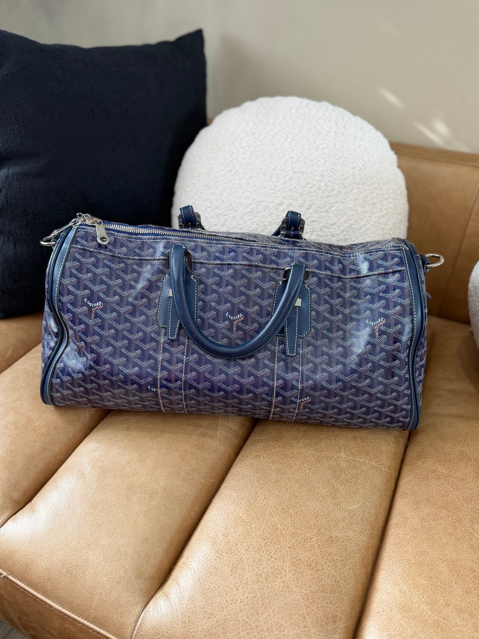 Goyard Blue Goyardine Leather Boston 45 Bag