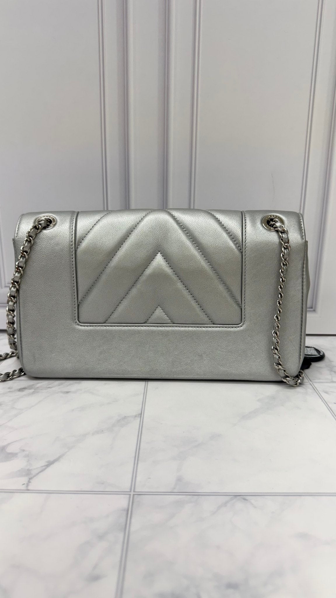 Chanel Silver Leather Mademoiselle Medium Double Flap Bag