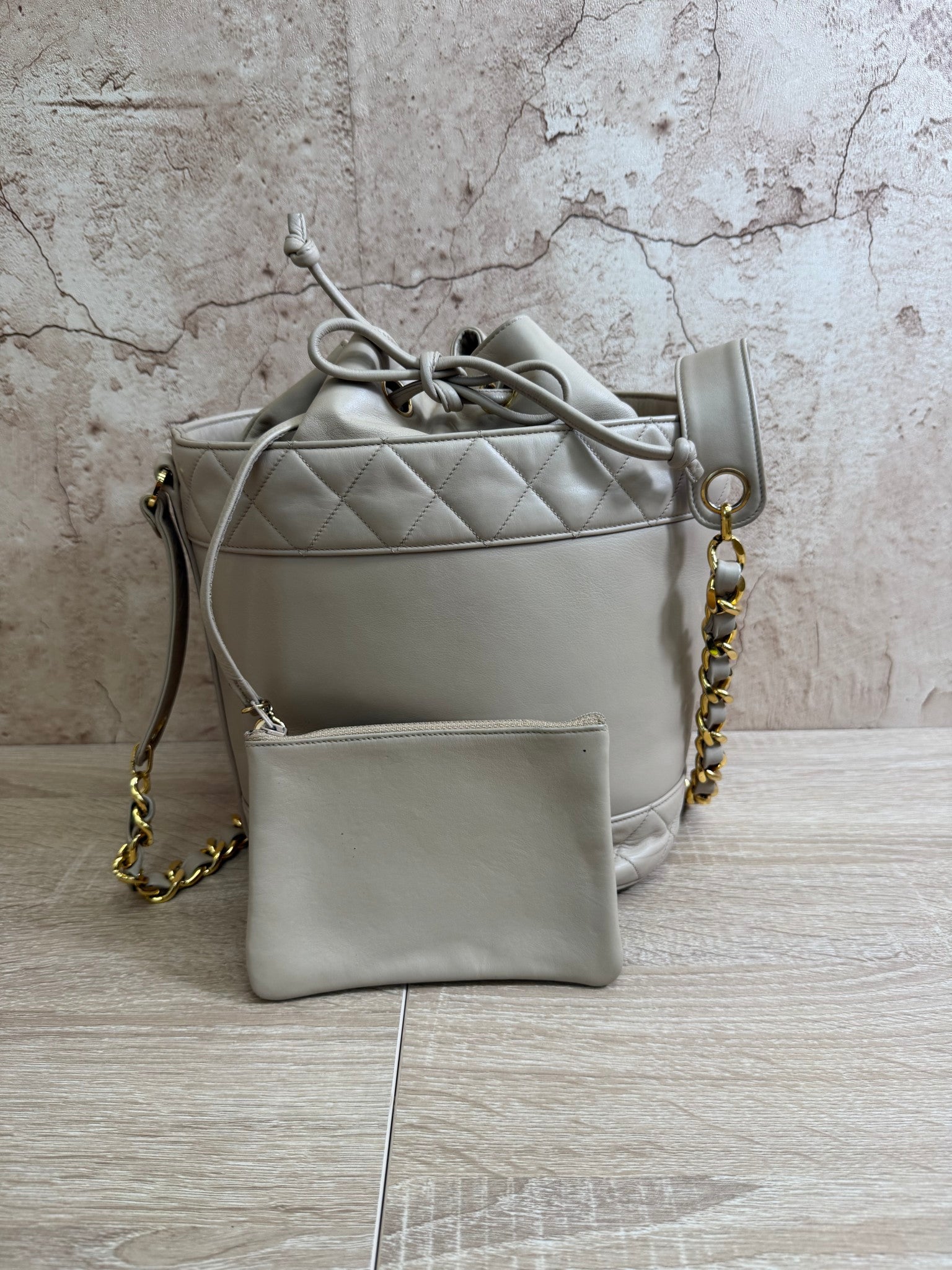 Chanel Beige Calfskin Drawstring CC Bucket Bag