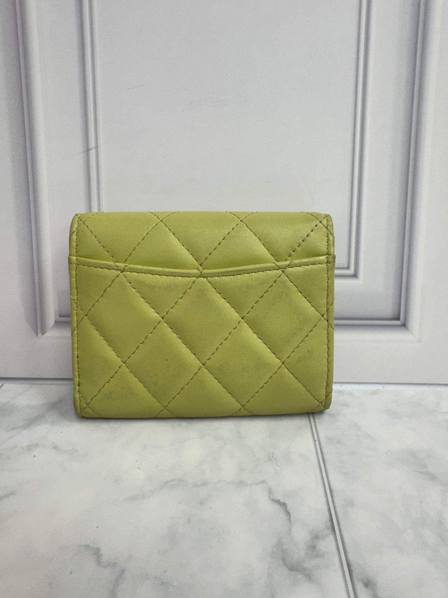 Chanel Green Diamond Quilted Leather Flap Compact Wallet