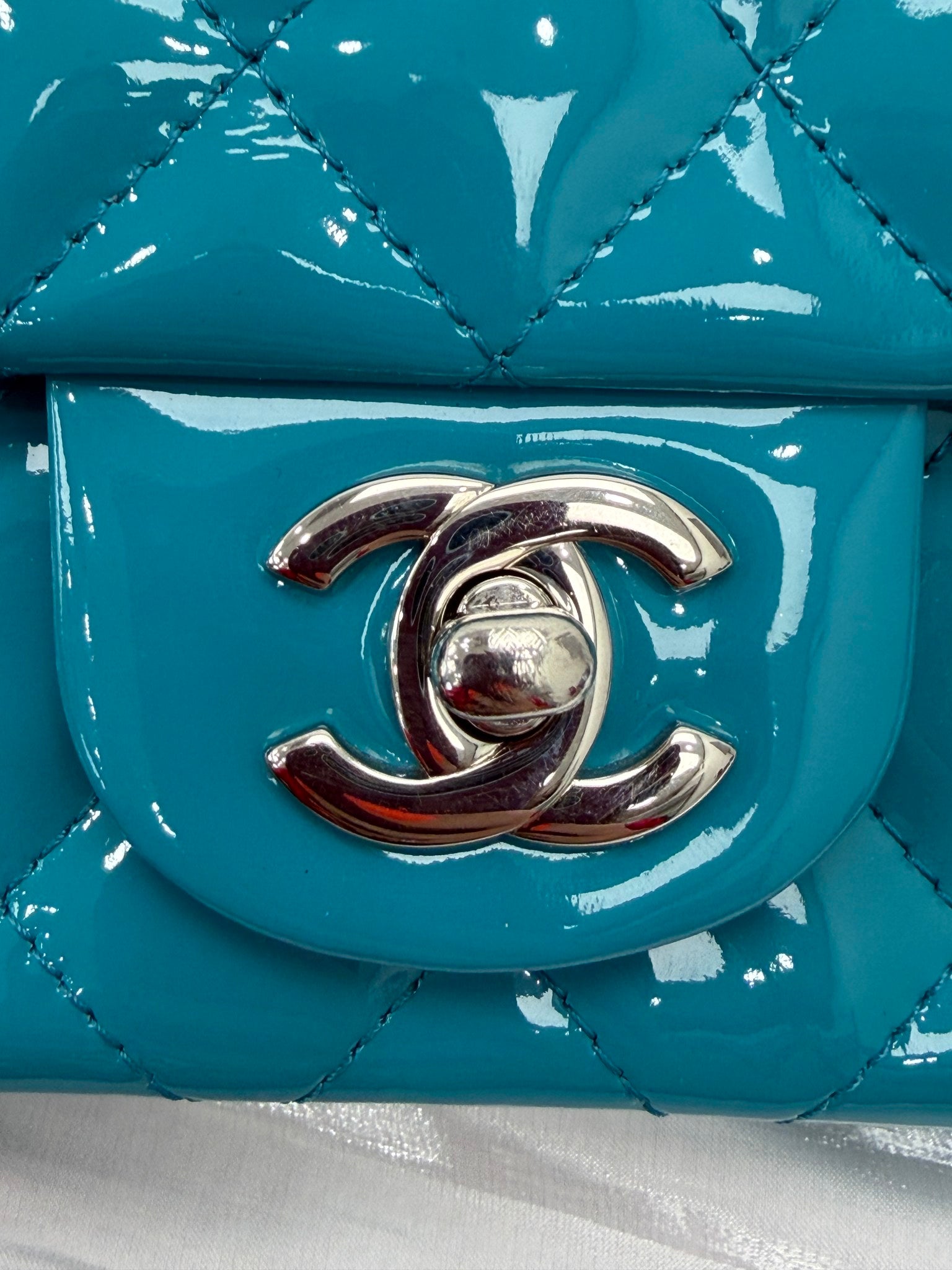 Chanel Teal Quilted Patent Leather Mini Flap Bag
