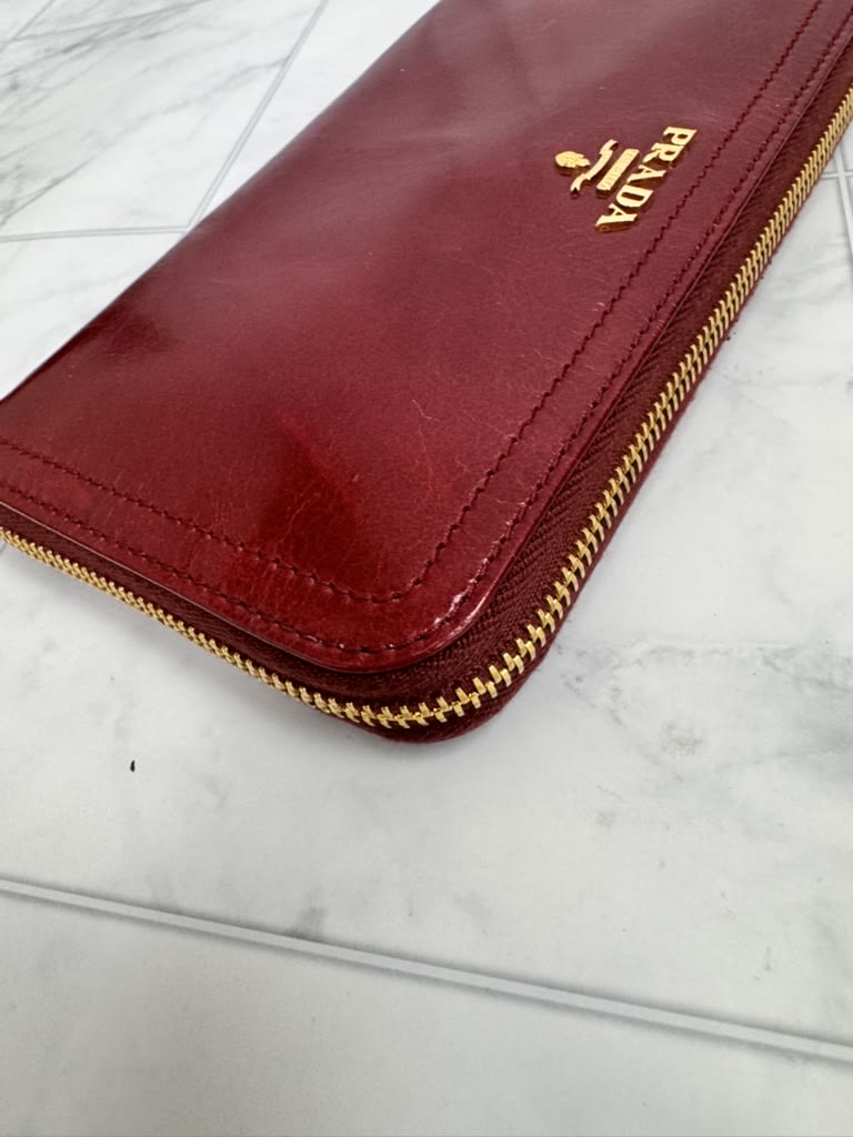Prada Dark Red Patent Leather Long Zippy Wallet