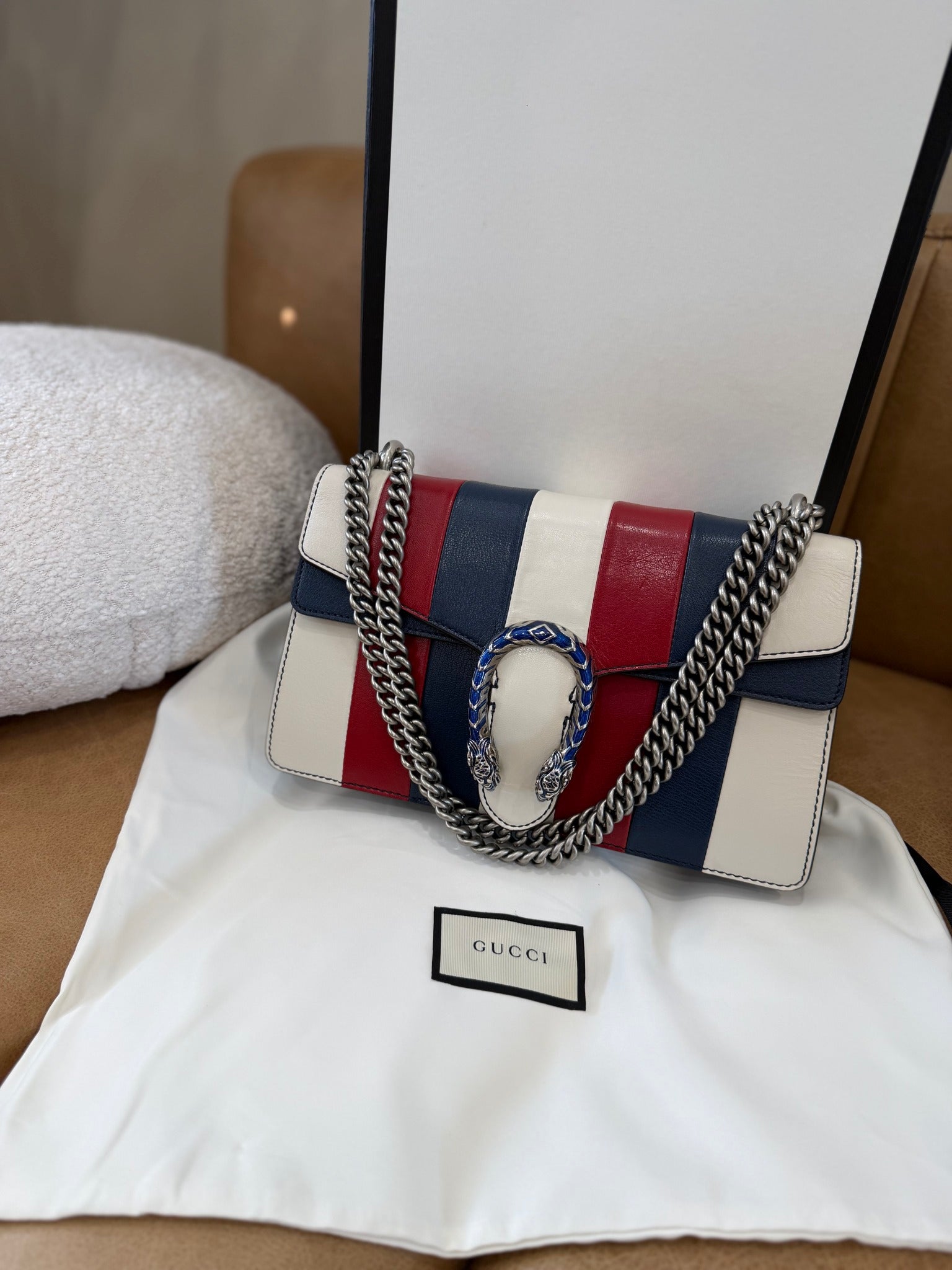 Gucci Red, White Blue Goatskin Limited Edition Small Dionysus Chain Bag
