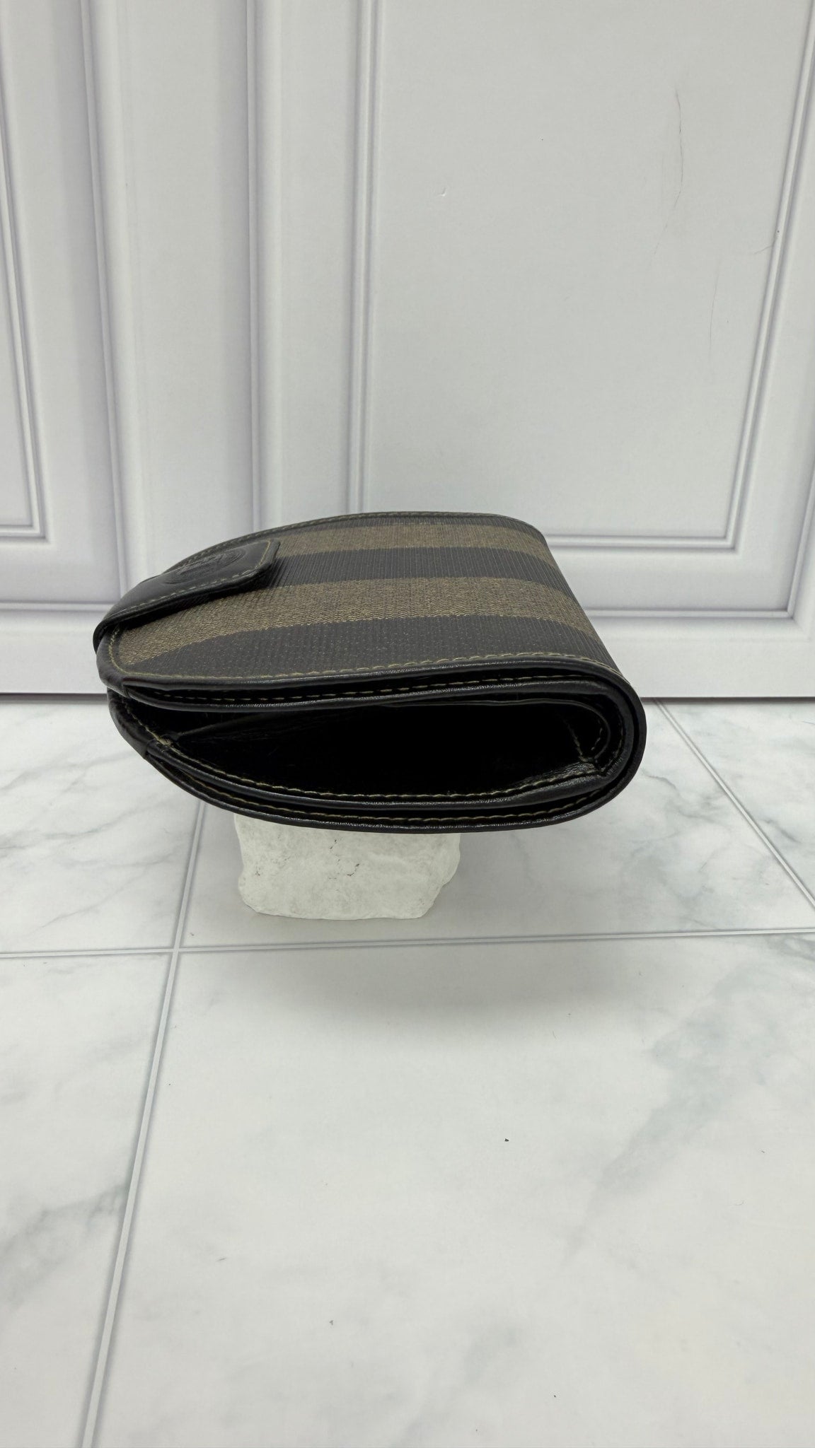 Fendi Brown Canvas Pequin striped Half Moon Wallet
