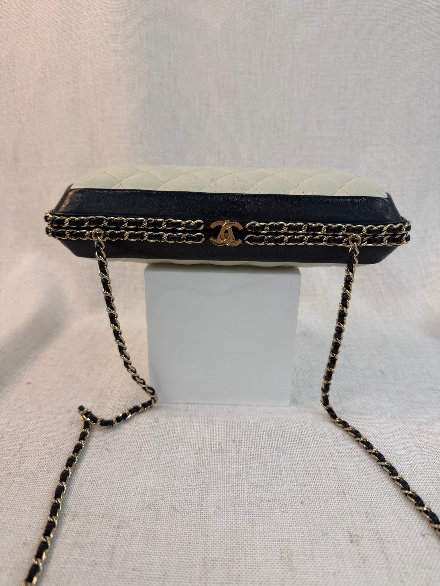 Chanel Black And White Calfskin Chain Around Clutch Bag