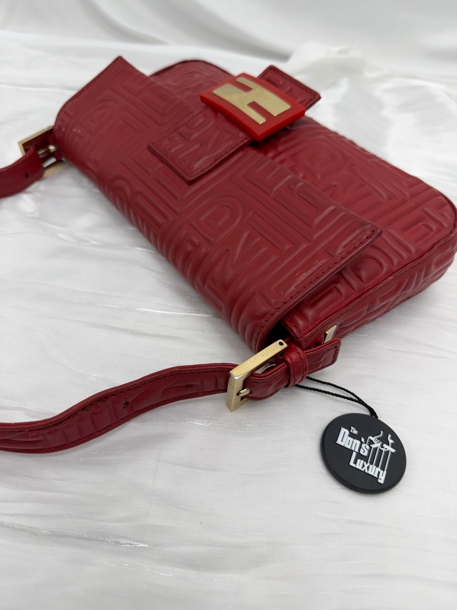 Fendi Red Embossed Leather Baguette