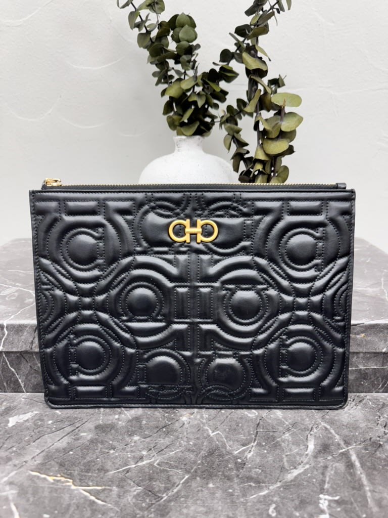 Salvatore Ferragamo Black Quilted Leather Wristlet
