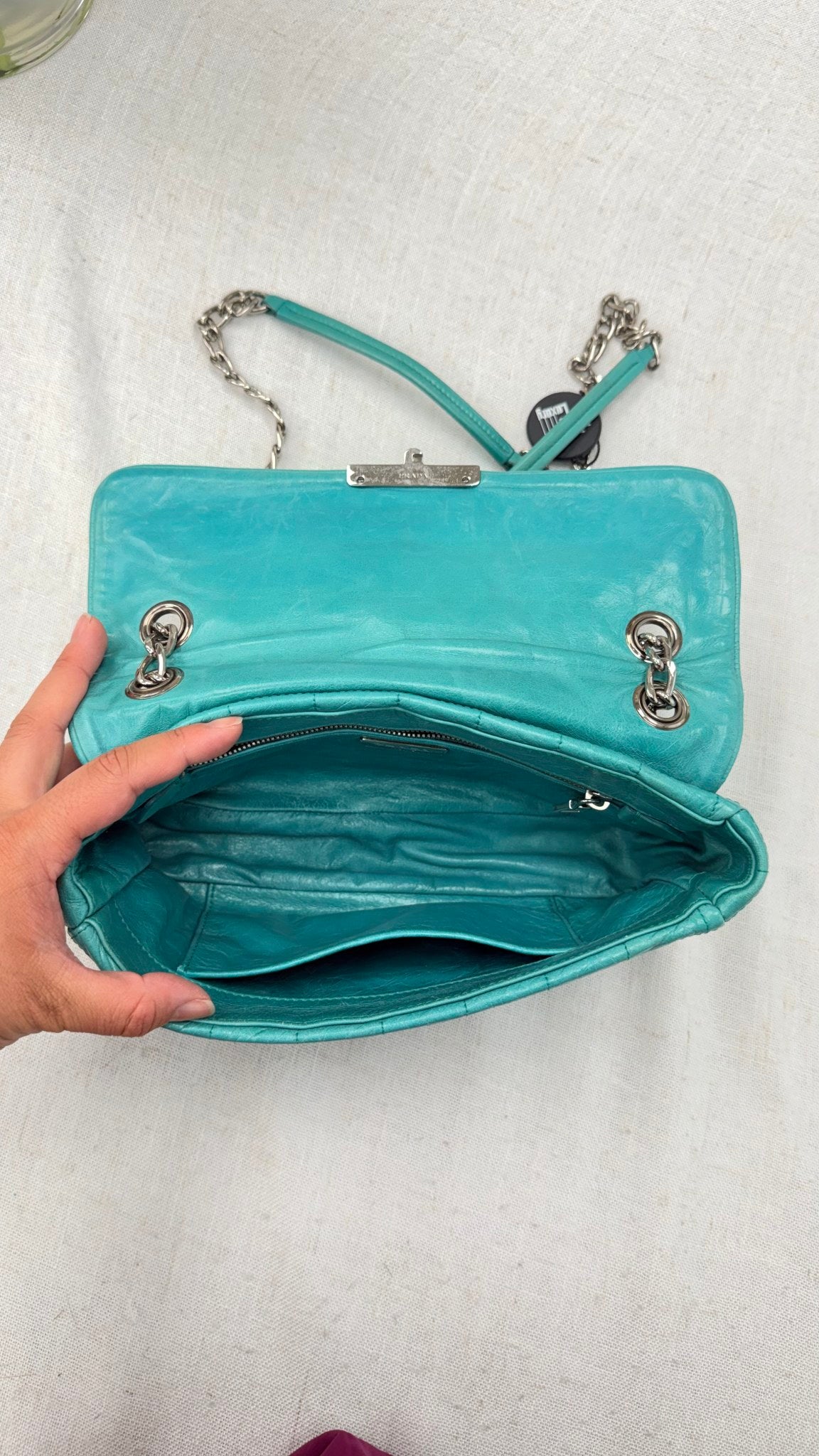 Prada Blue Teal Nappa Leather Chain Flap Shoulder Bag