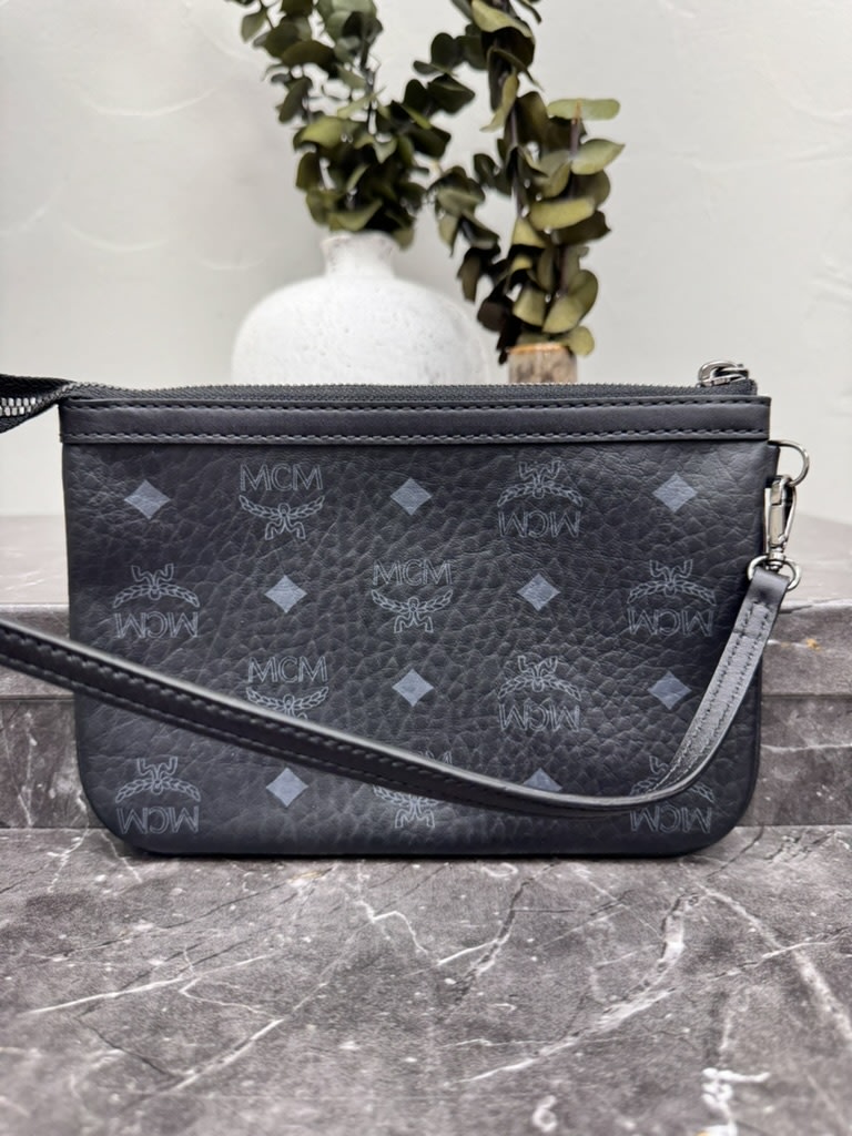 MCM Black Visetos Leather Pouch